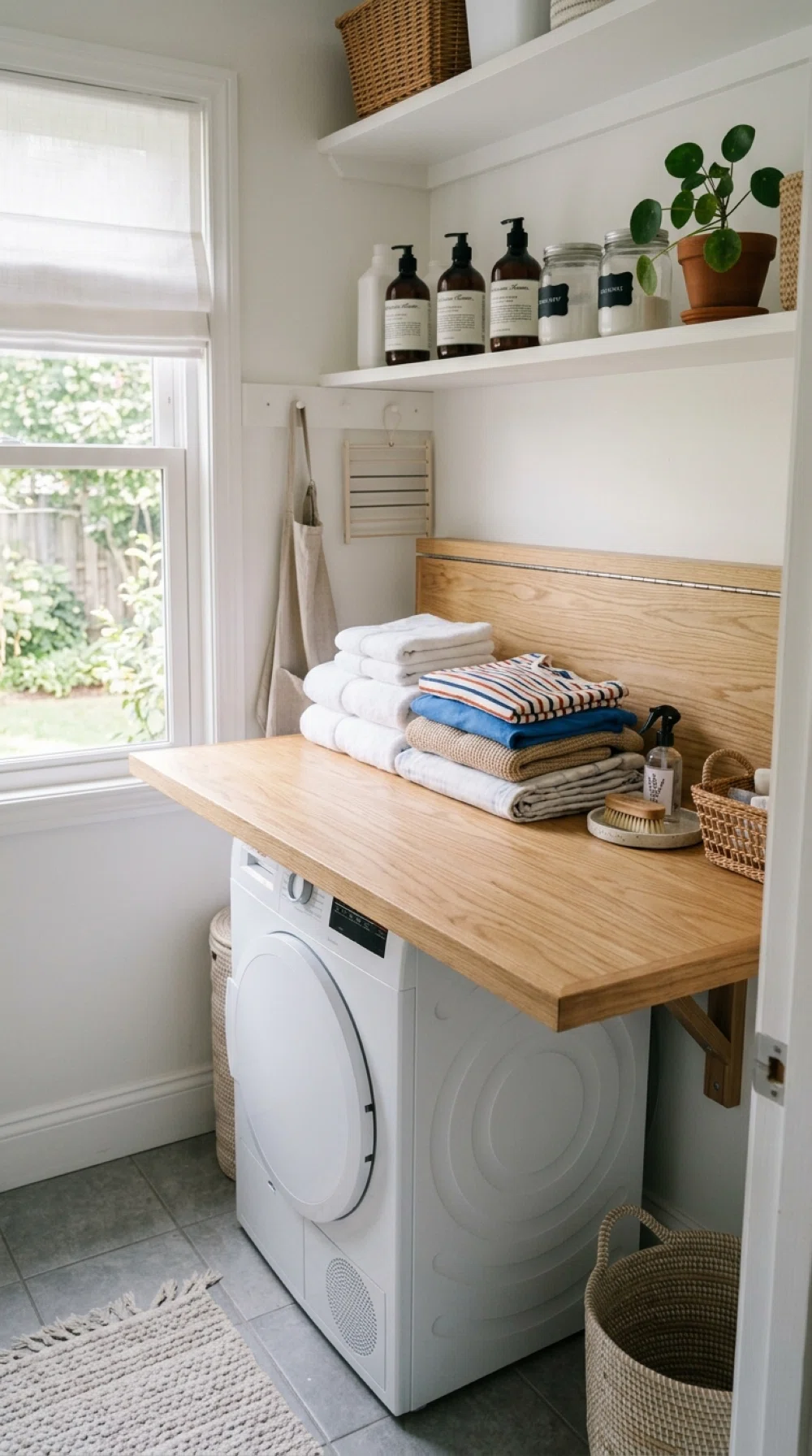 A real-life photo of a fold-out wooden counter mounted above a washing machine in a narrow laundry room, folded down and neatly holding folded laundry, beautifully arranged, clean, organized, bright natural light, vibrant colors, realistic stock photo style, no illustration.