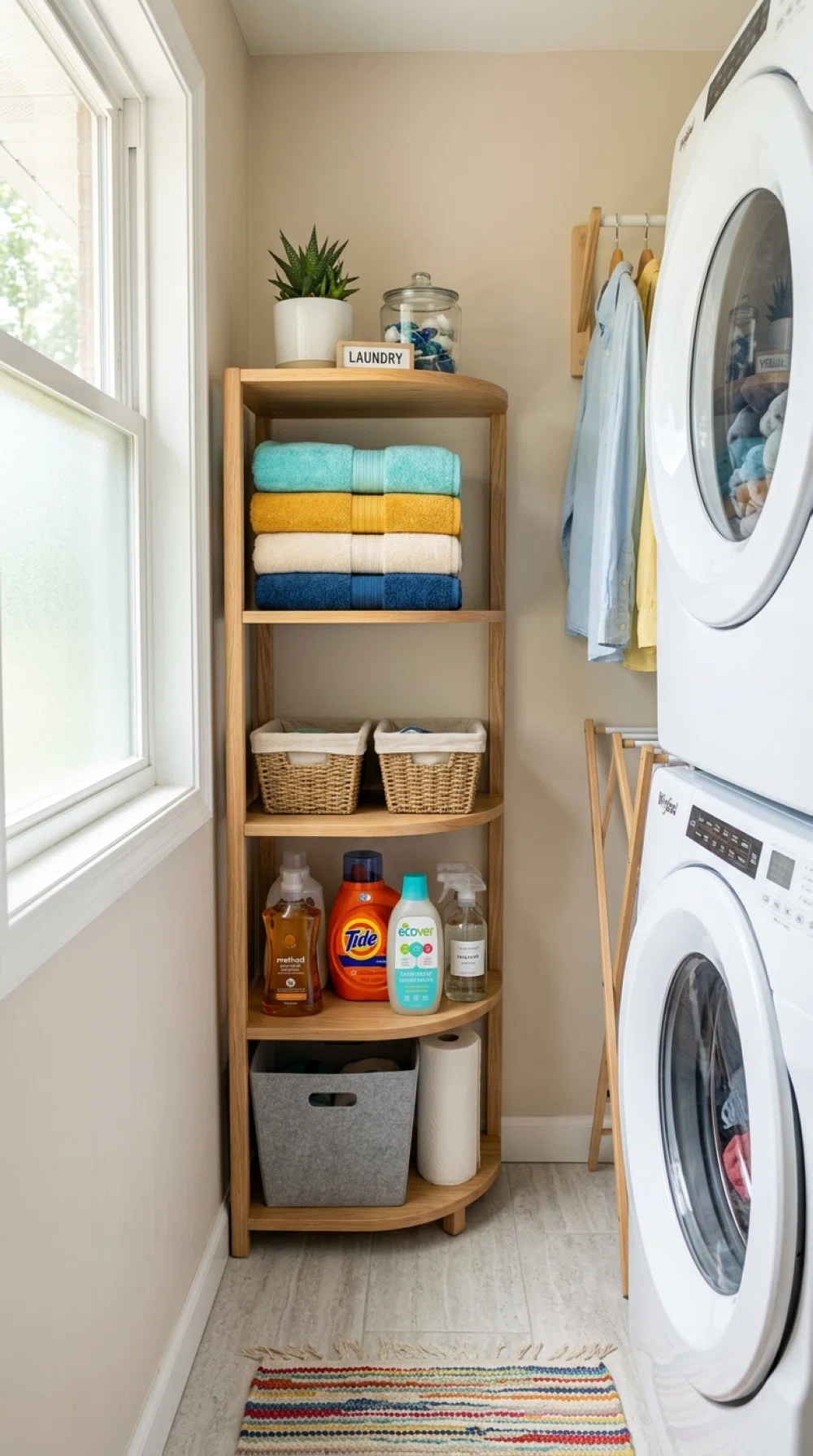 A real-life photo of a slim rounded corner shelf unit in a narrow laundry room, neatly holding folded towels, small baskets, and detergent bottles, beautifully organized, clean, bright natural light, vibrant colors, candid stock photo style, no illustration.