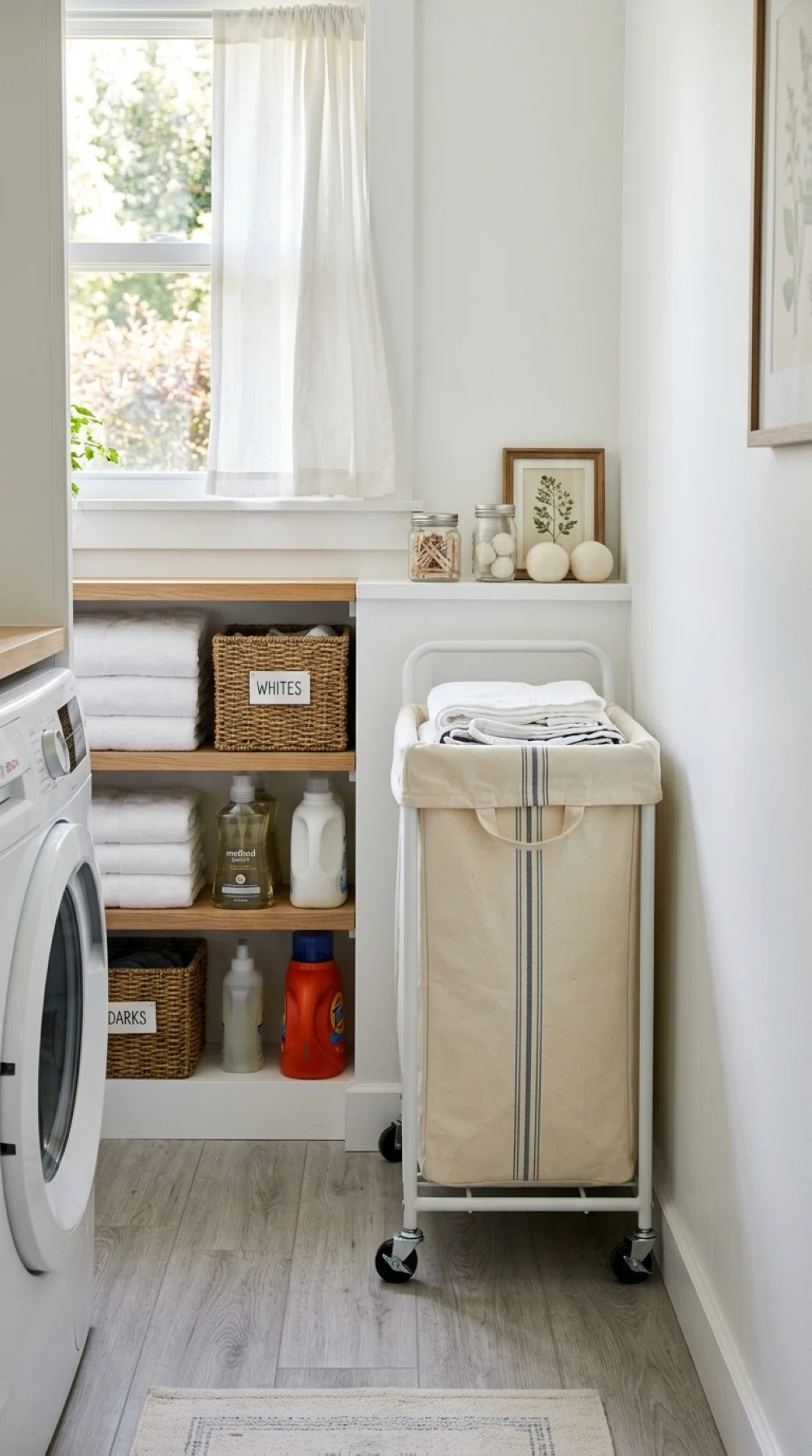 A real-life photo of a slim tall rolling laundry hamper with a fabric liner tucked into the corner of a narrow laundry room, neatly made, clean, organized, bright natural light, vibrant colors, realistic stock photo style, no illustration.