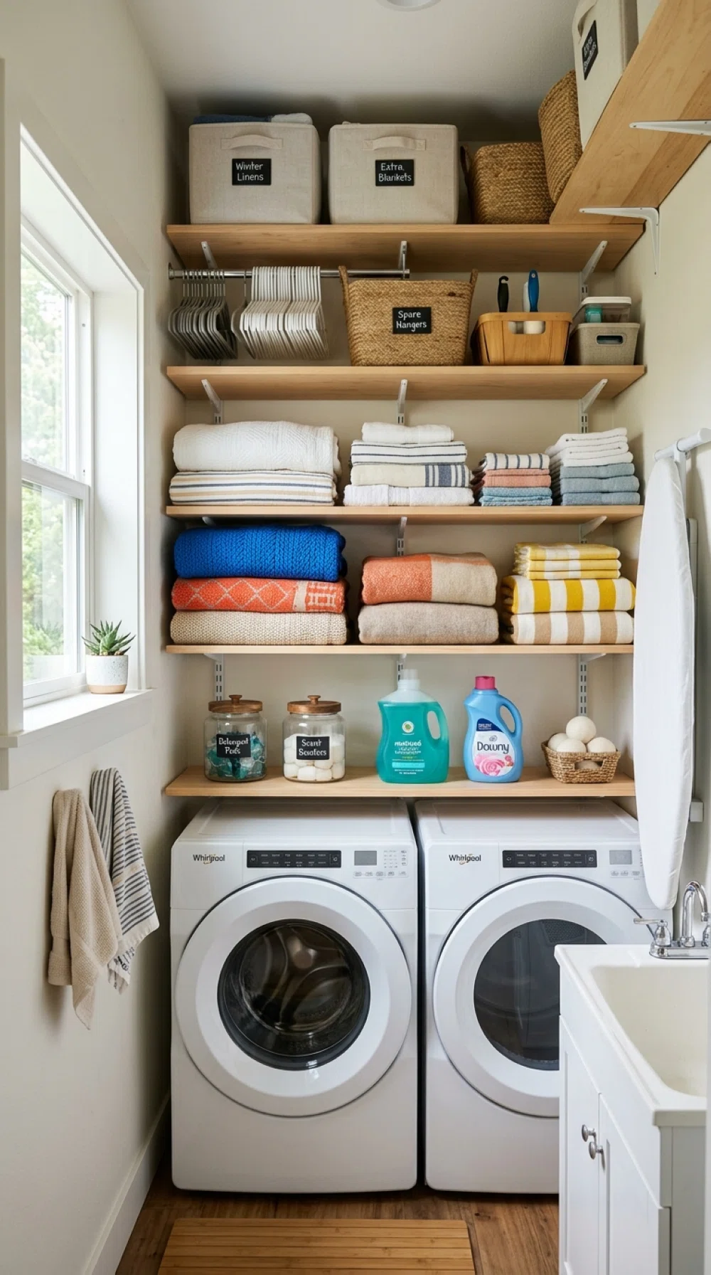 A real-life photo of high open shelving in a narrow laundry room, neatly holding folded blankets, spare hangers, and detergent refills, beautifully arranged, organized, clean, bright natural light, vibrant colors, authentic stock photo style, no illustration.