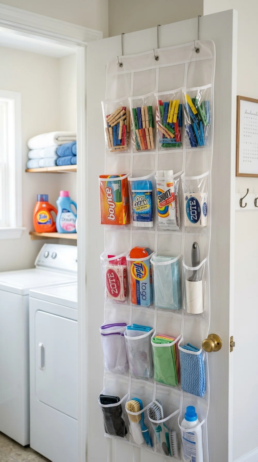 A real-life photo of a clear-pocket over-the-door organizer on the back of a laundry room door, neatly holding clothespins, stain sticks, and dryer sheets, beautifully arranged, organized, clean, bright natural light, vibrant colors, realistic stock photo style, no illustration.
