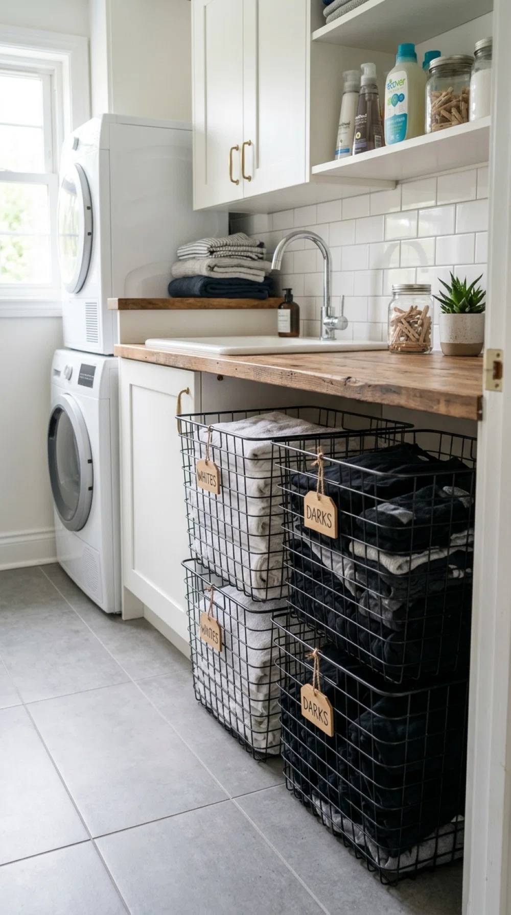 A real-life photo of slim stackable wire baskets under a laundry counter in a narrow laundry room, neatly holding sorted white and dark clothes with small labeled tags, beautifully arranged, organized, clean, bright natural light, vibrant colors, realistic stock photo style, no illustration.