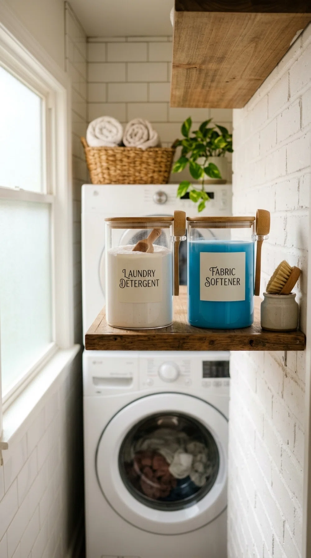 A real-life photo of matching labeled glass containers holding detergent and softener on a shelf in a narrow laundry room, neatly arranged, clean, organized, bright natural light, vibrant colors, authentic stock photo style, no illustration.