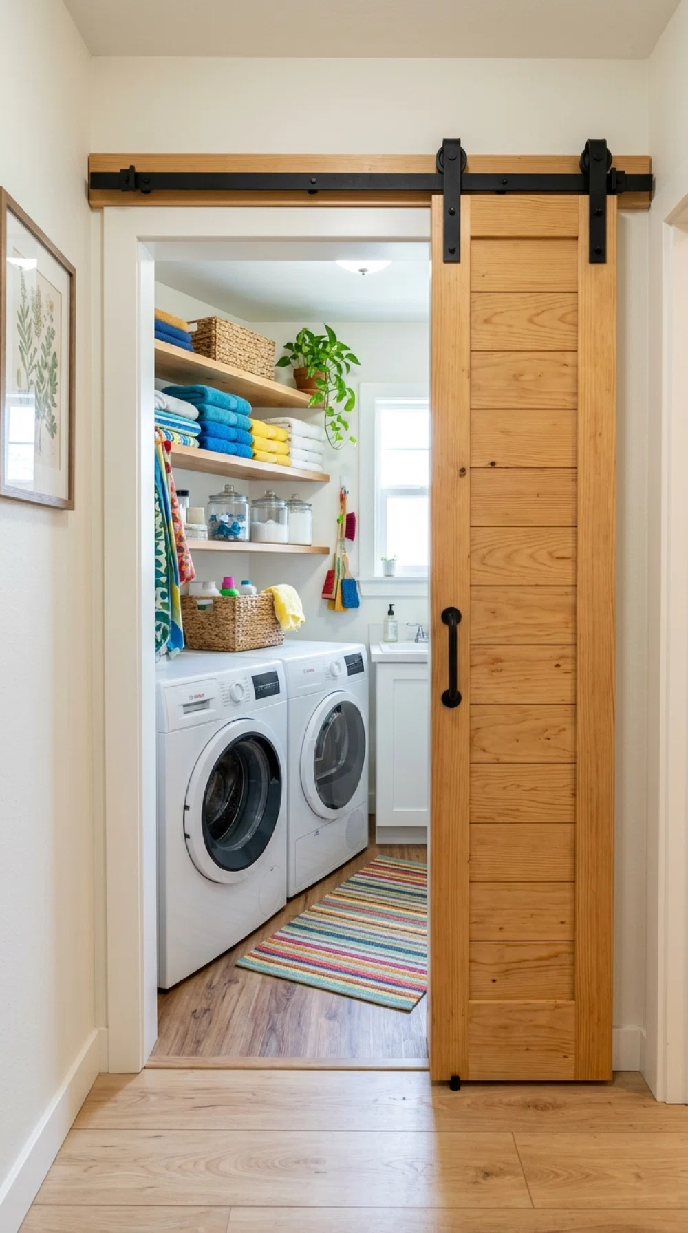 A real-life photo of a slim sliding barn-style door on a narrow laundry room entrance, simple wooden frame, clean, neatly arranged room visible behind it, organized, bright natural light, vibrant colors, realistic stock photo style, no illustration.