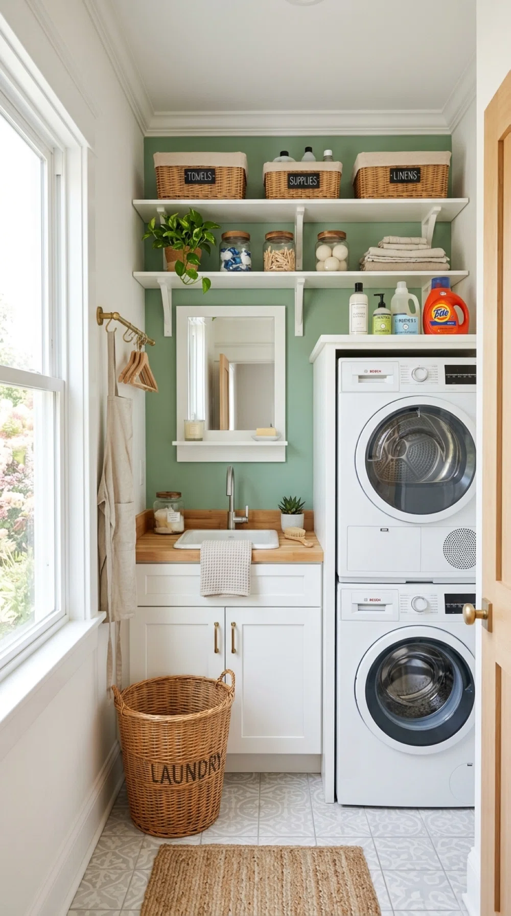 A real-life photo of a narrow laundry room with a soft sage green accent wall and crisp white trim, neatly organized shelves and clean counter, bright natural light highlighting the wall color, vibrant colors, realistic stock photo style, no illustration.