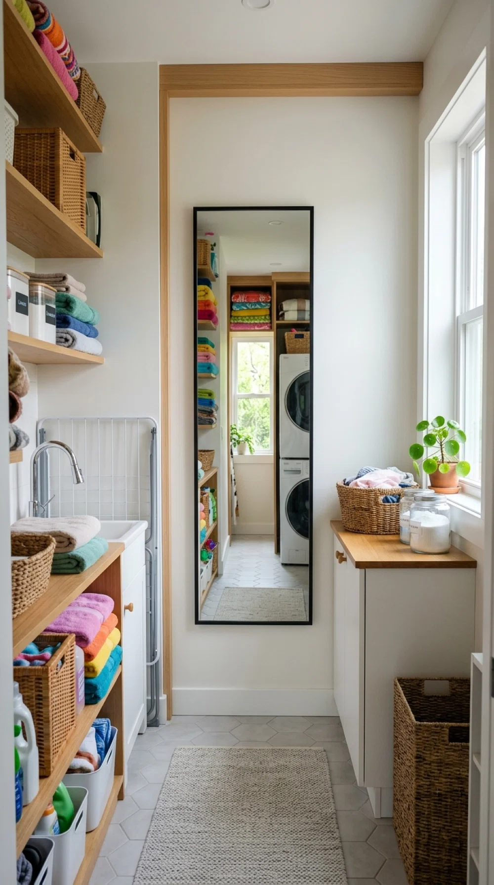 A real-life photo of a slim vertical mirror mounted at the end of a narrow laundry room, reflecting bright natural light and making the space appear deeper, neatly arranged, clean, organized, vibrant colors, realistic stock photo style, no illustration.
