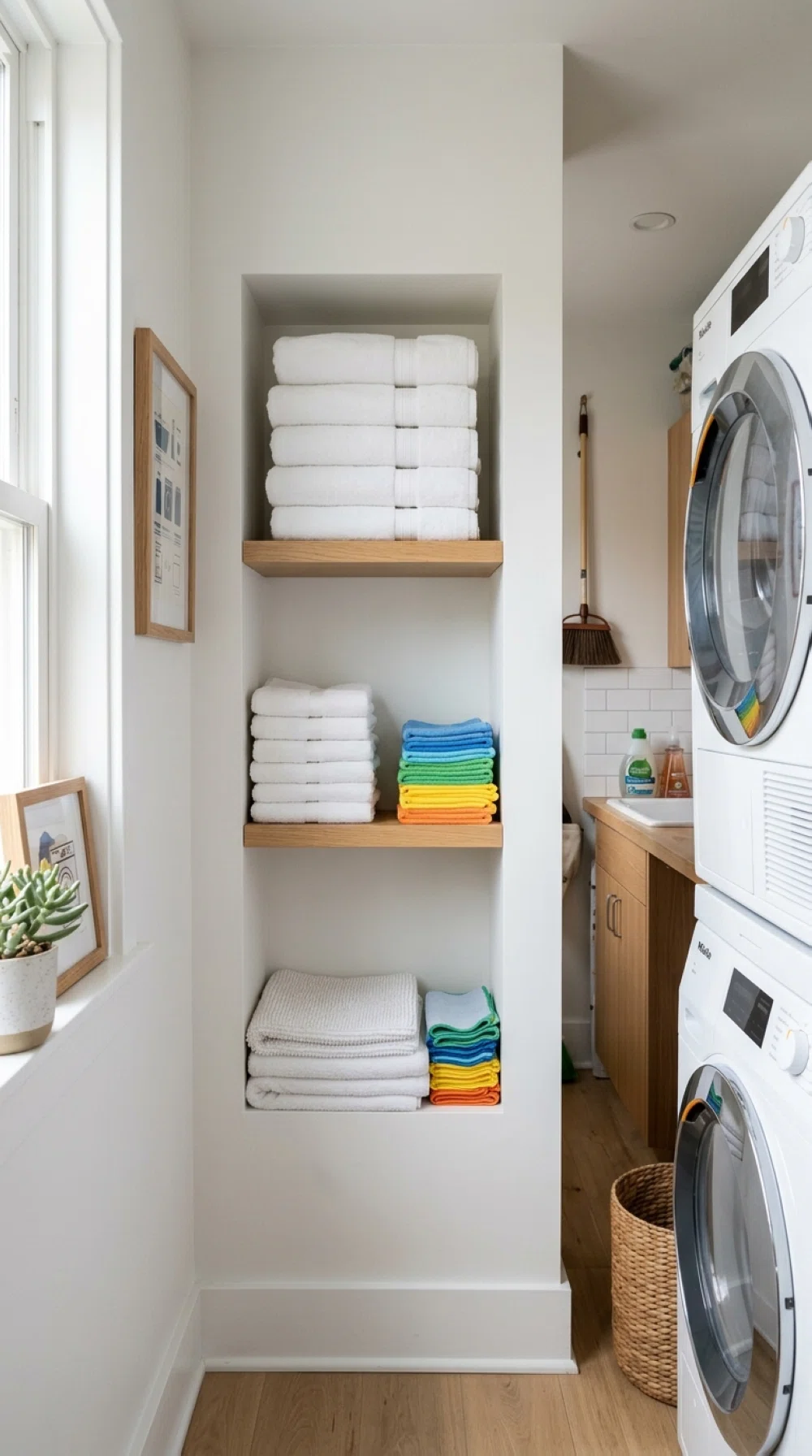A real-life photo of a recessed wall niche in a narrow laundry room, neatly holding folded towels and clean rags, beautifully arranged, organized, clean, bright natural light, vibrant colors, realistic stock photo style, no illustration.