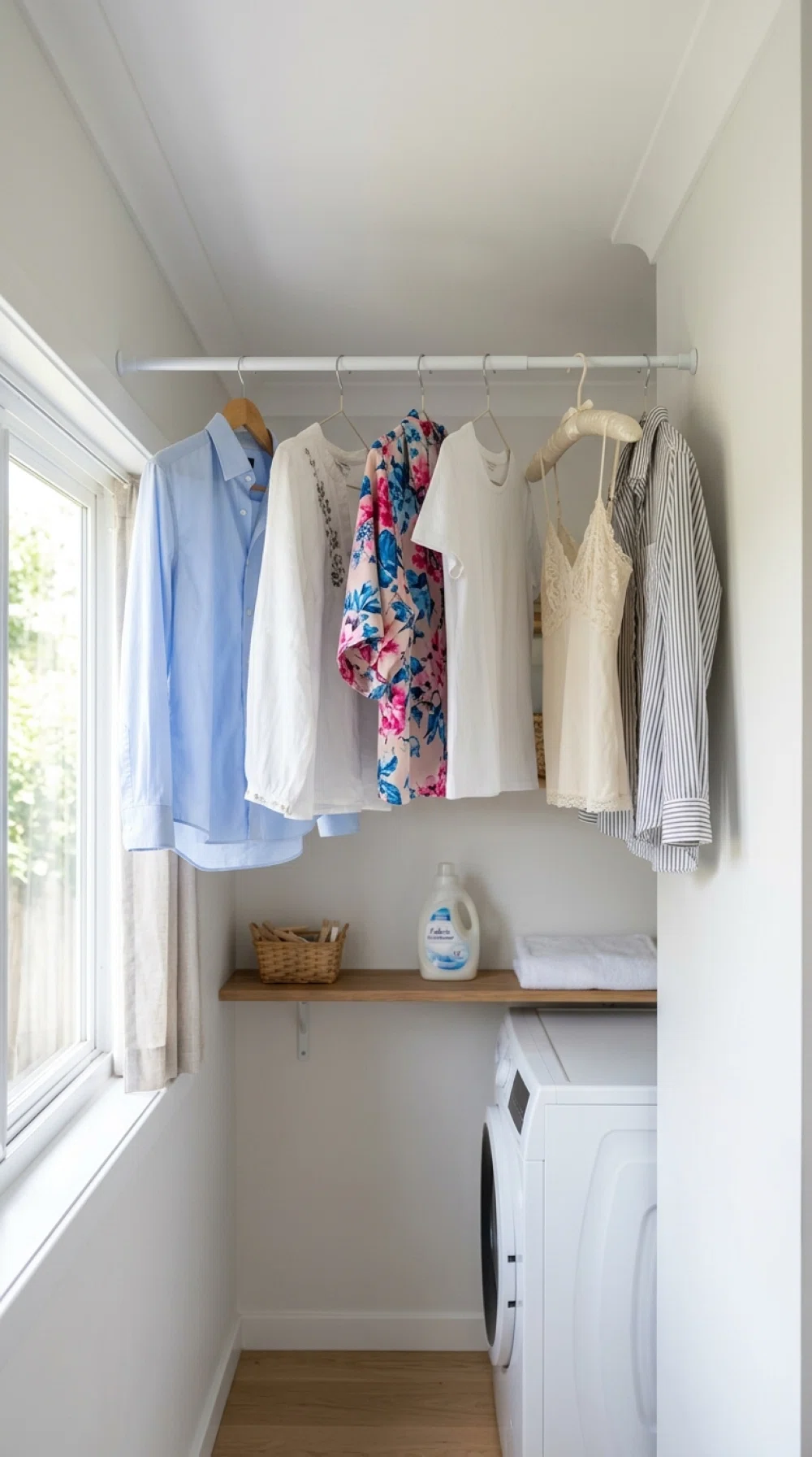 A real-life photo of a narrow laundry room folding counter lit directly from above by a slim warm LED strip mounted under a shelf, casting even bright light across the counter surface with no shadows, neatly arranged folded laundry below, clean, organized, vibrant colors, realistic stock photo style, no illustration.