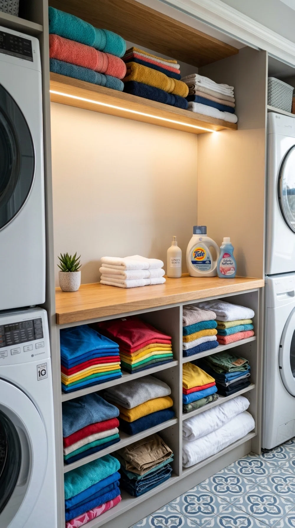 A real-life photo of a slim tension rod near the ceiling of a narrow laundry room, holding a few freshly ironed shirts and delicate garments on hangers, neatly arranged, clean, organized, bright natural light, vibrant colors, realistic stock photo style, no illustration.