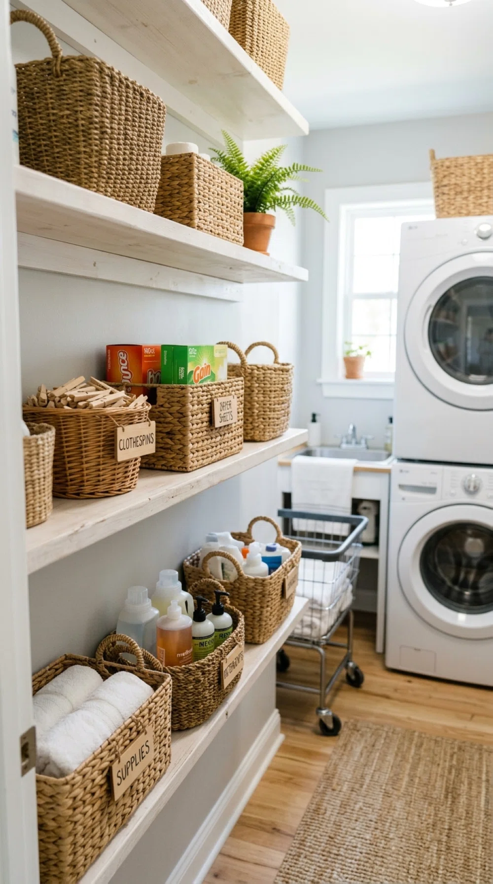 A real-life photo of woven baskets in varying sizes on open shelves in a narrow laundry room, neatly holding clothespins and dryer sheets, beautifully arranged, organized, clean, bright natural light, vibrant colors, realistic stock photo style, no illustration.