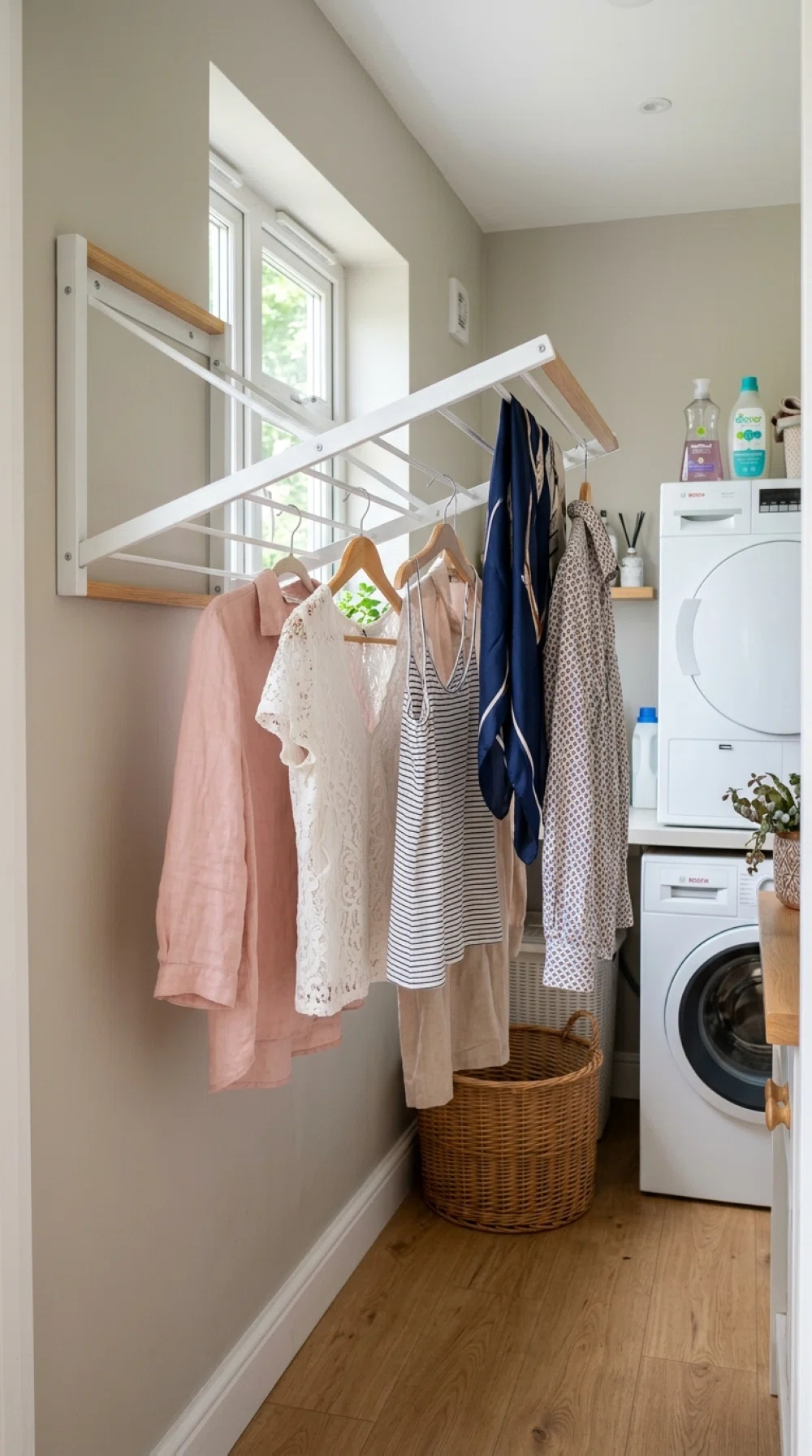 A real-life photo of a wall-mounted fold-down drying rack in a narrow laundry room, lowered and holding a few delicate garments drying, neatly arranged, clean, organized, bright natural light, vibrant colors, realistic stock photo style, no illustration.