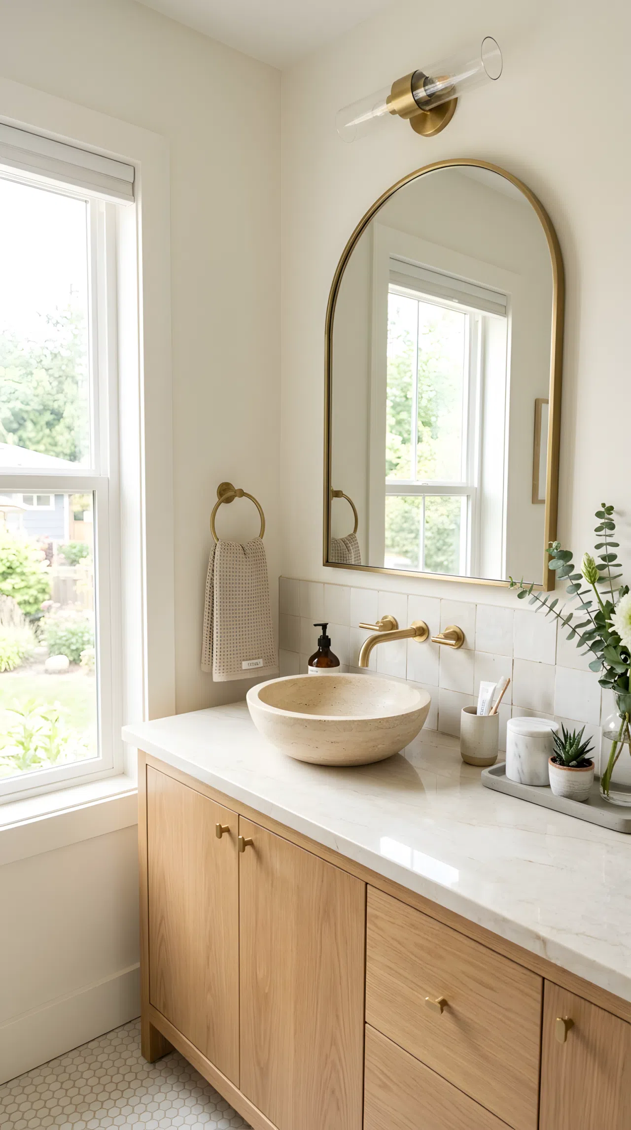 Real-life bathroom vanity photographed at eye level, featuring an arched mirror with a slim brushed brass frame above a rounded natural stone vessel sink, neatly made countertop with organized brass accessories, warm wood cabinetry below, bright natural light streaming from a nearby window, clean and beautifully arranged, Pinterest-ready aesthetic, stock photography style, no illustration.