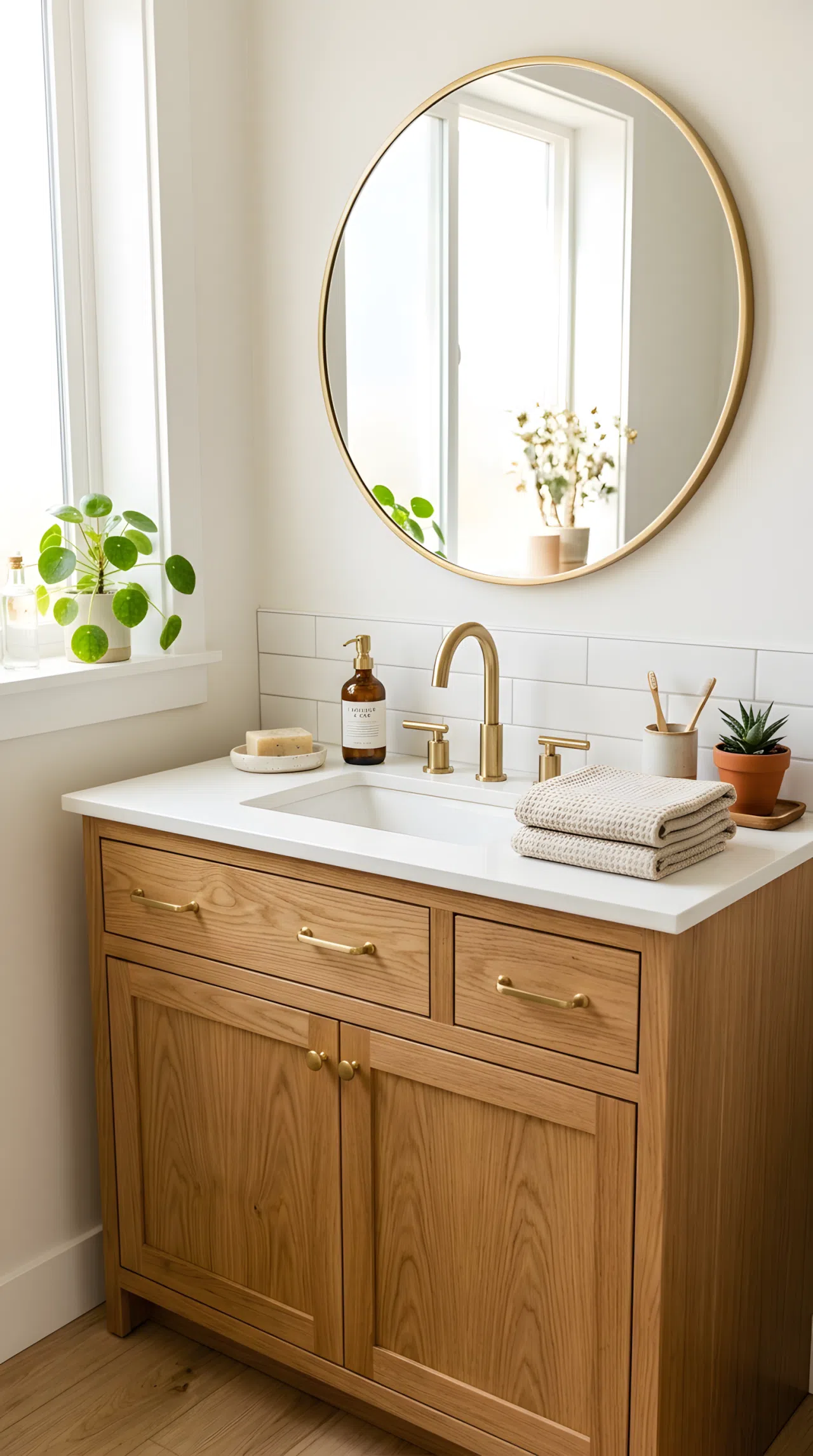Real-life bathroom vanity photographed straight-on, featuring a warm white oak cabinet with brushed brass faucet and drawer pulls, neatly made countertop with organized ceramic soap dish and folded linen towels, bright natural light from a side window, clean and beautifully arranged, vibrant warm tones, Pinterest-ready stock photography, no illustration.