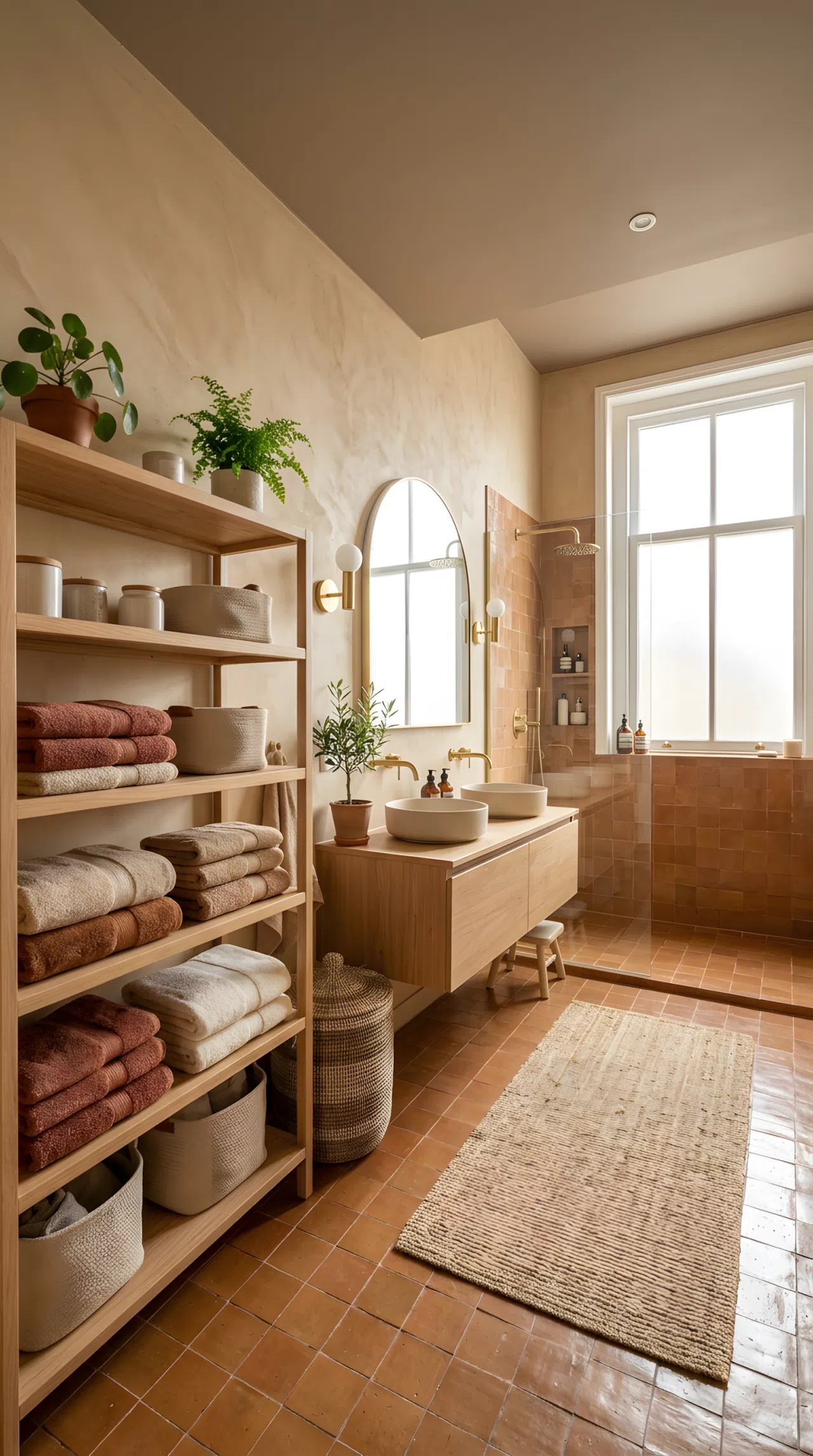 Real-life bathroom interior photographed wide-angle, showing a monochromatic earthy palette with clay-toned tile (RGB 181,101,29), sandy plaster walls (RGB 210,180,140), and taupe ceiling (RGB 166,151,133), neatly made towels stacked on an open wood shelf, organized and clean styling, bright natural light, beautifully arranged, vibrant warm undertones, Pinterest-ready stock photography, no illustration.