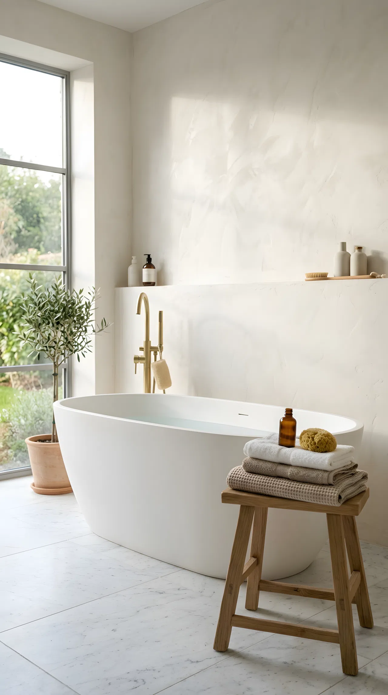 Real-life bathroom photographed from a low angle, featuring a hand-applied plaster wall in soft warm white behind a freestanding tub, neatly made folded towels on a nearby stool, organized minimal styling, bright natural light casting soft shadows across the textured plaster, clean and beautifully arranged, Pinterest-ready stock photography, no illustration.