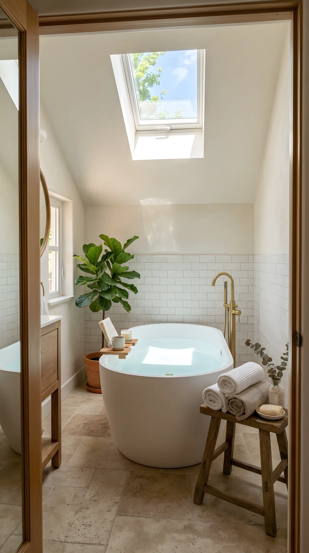Real-life bathroom photographed from the doorway, showing a freestanding matte white tub positioned directly beneath a skylight with light falling straight onto the water's surface, neatly made rolled towels stacked beside the tub, organized and clean styling, bright natural overhead light creating a soft glowing pool on the tub, beautifully arranged, vibrant natural tones, Pinterest-ready stock photography, no illustration.