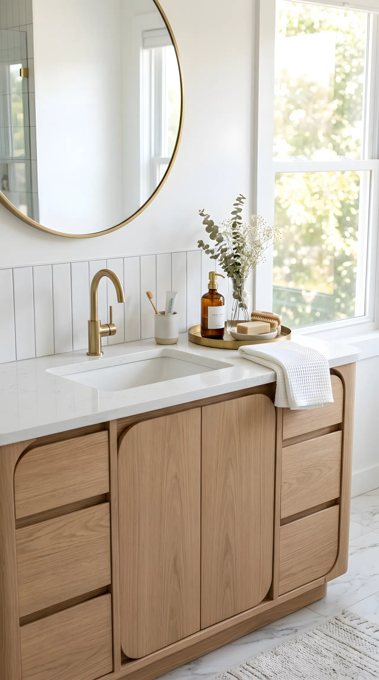 Real-life bathroom vanity photographed at a slight angle, featuring a rounded-edge white oak vanity with softly curved cabinet base, neatly made countertop with organized brass tray and folded hand towel, bright natural light from a side window, clean and beautifully arranged, Pinterest-ready stock photography, no illustration.