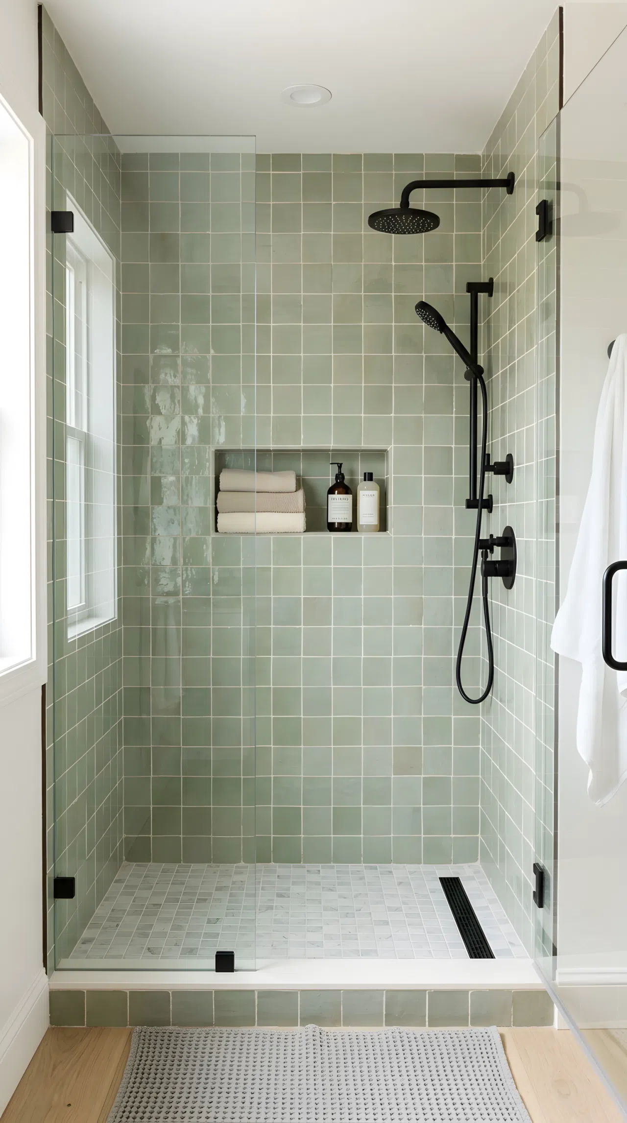 Real-life walk-in shower photographed straight-on, featuring handmade zellige tile in soft sage green (RGB 156,175,136) with visible texture and subtle glaze variation, matte black shower fixtures, neatly organized shower shelf with folded washcloths, bright natural light highlighting the tile's texture, clean and beautifully arranged, vibrant tones, Pinterest-ready stock photography, no illustration.