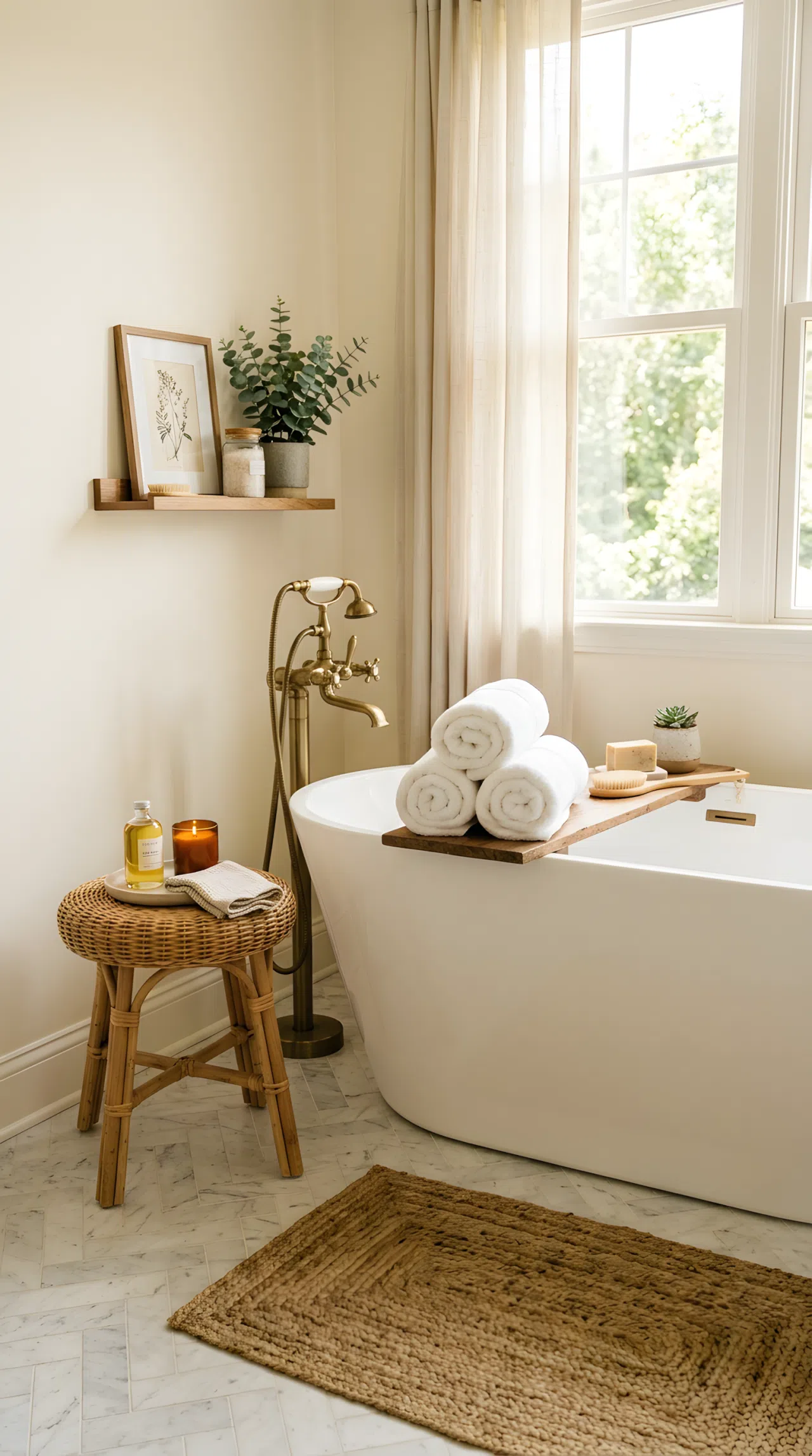 Real-life bathroom corner photographed at eye level, featuring a woven rattan stool beside a freestanding tub with neatly rolled towels stacked on top, organized natural fiber bath mat on the floor, bright natural light, clean and beautifully arranged styling, warm vibrant tones, Pinterest-ready stock photography, no illustration.