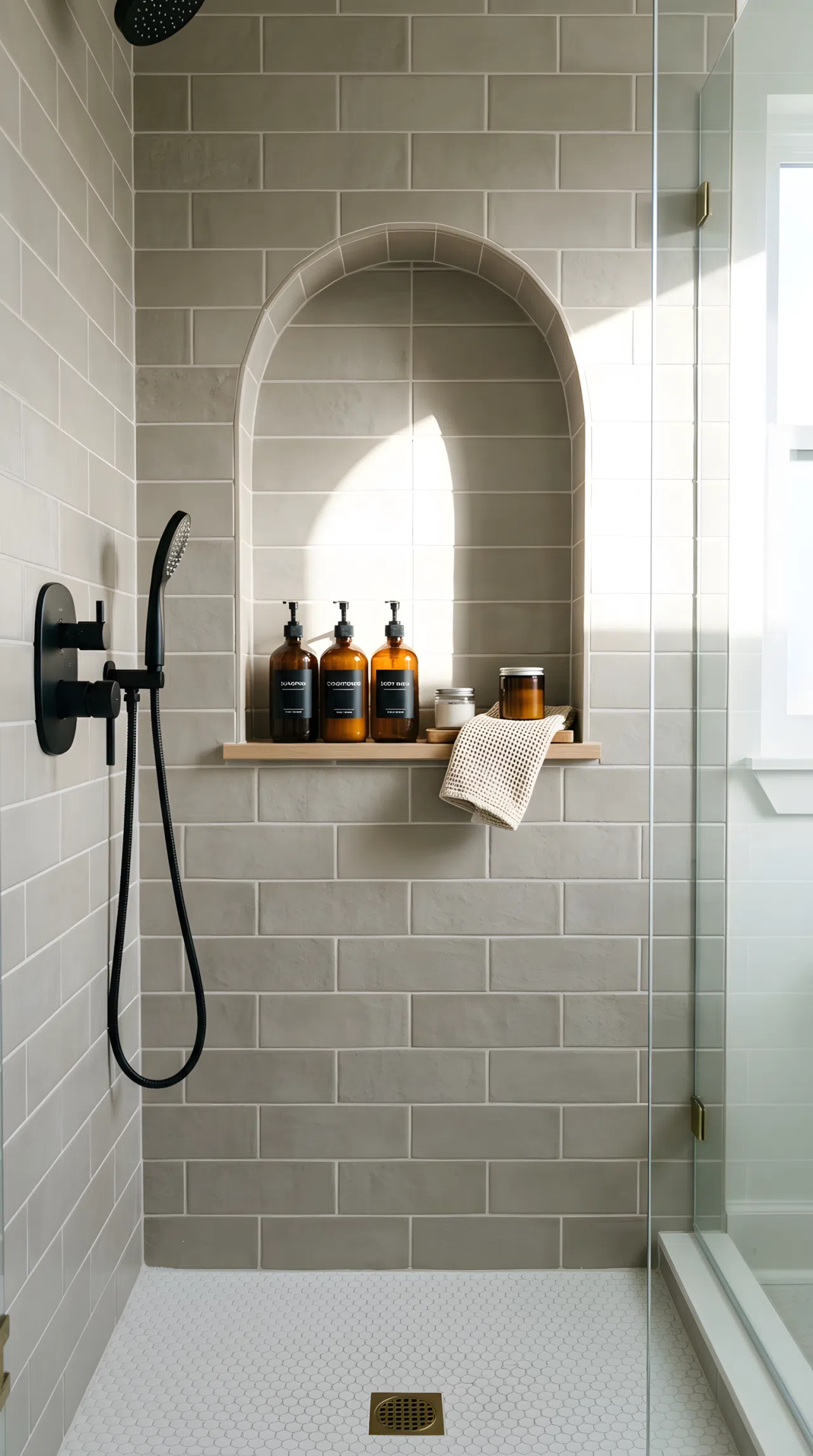 Real-life walk-in shower photographed straight-on, featuring an arched recessed niche built into a matte tiled wall, neatly organized glass bottles and a folded washcloth inside, bright natural light emphasizing the niche's curved shadow line, clean and beautifully arranged, Pinterest-ready stock photography, no illustration.
