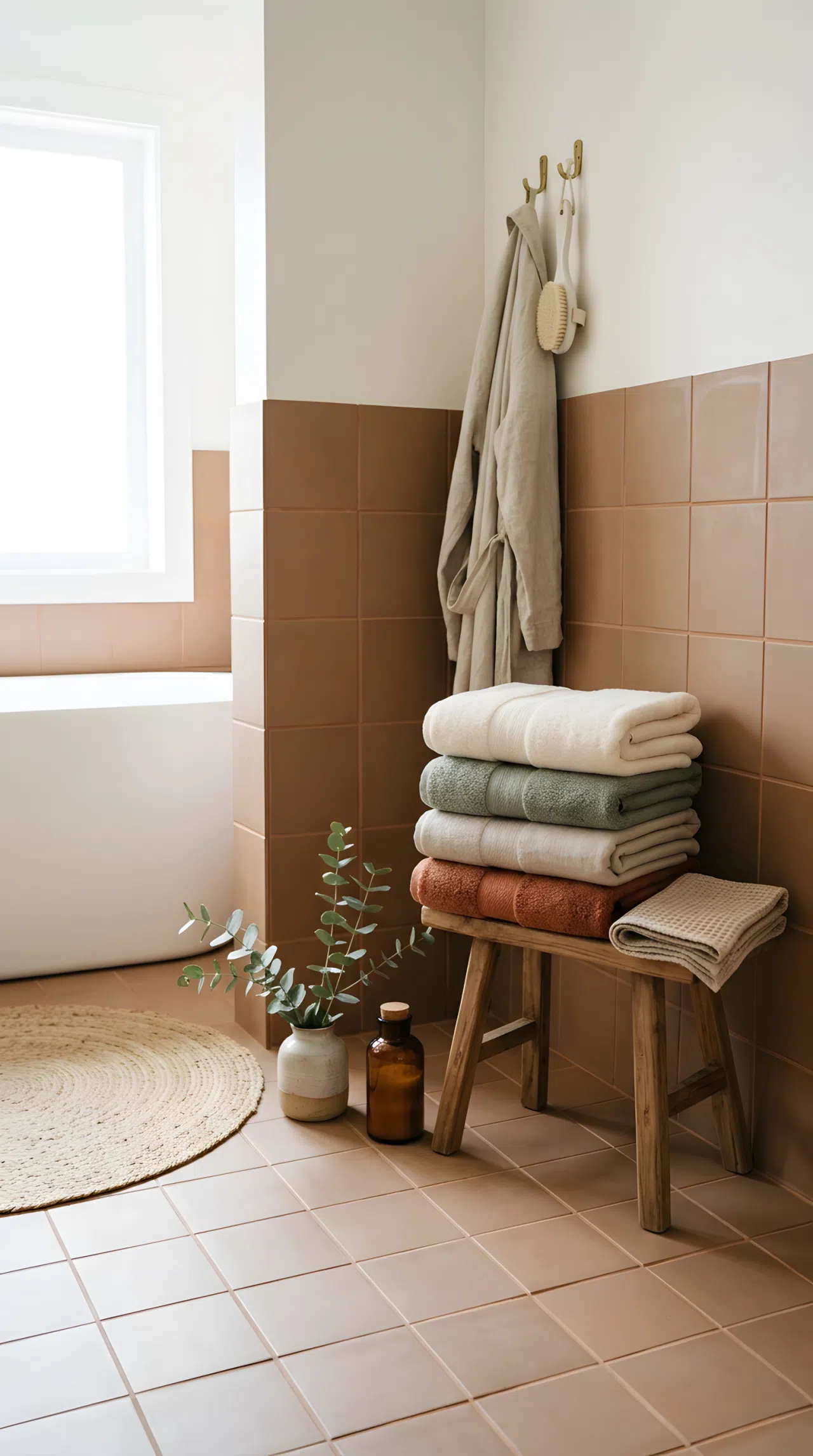 Real-life bathroom floor and wall photographed from a slightly elevated angle, featuring matte-finish clay-toned tile (RGB 168,124,88) on both floor and lower wall, neatly made folded towels stacked in the corner, organized minimal styling, bright natural light diffused softly across the matte surface, beautifully arranged, Pinterest-ready stock photography, no illustration.