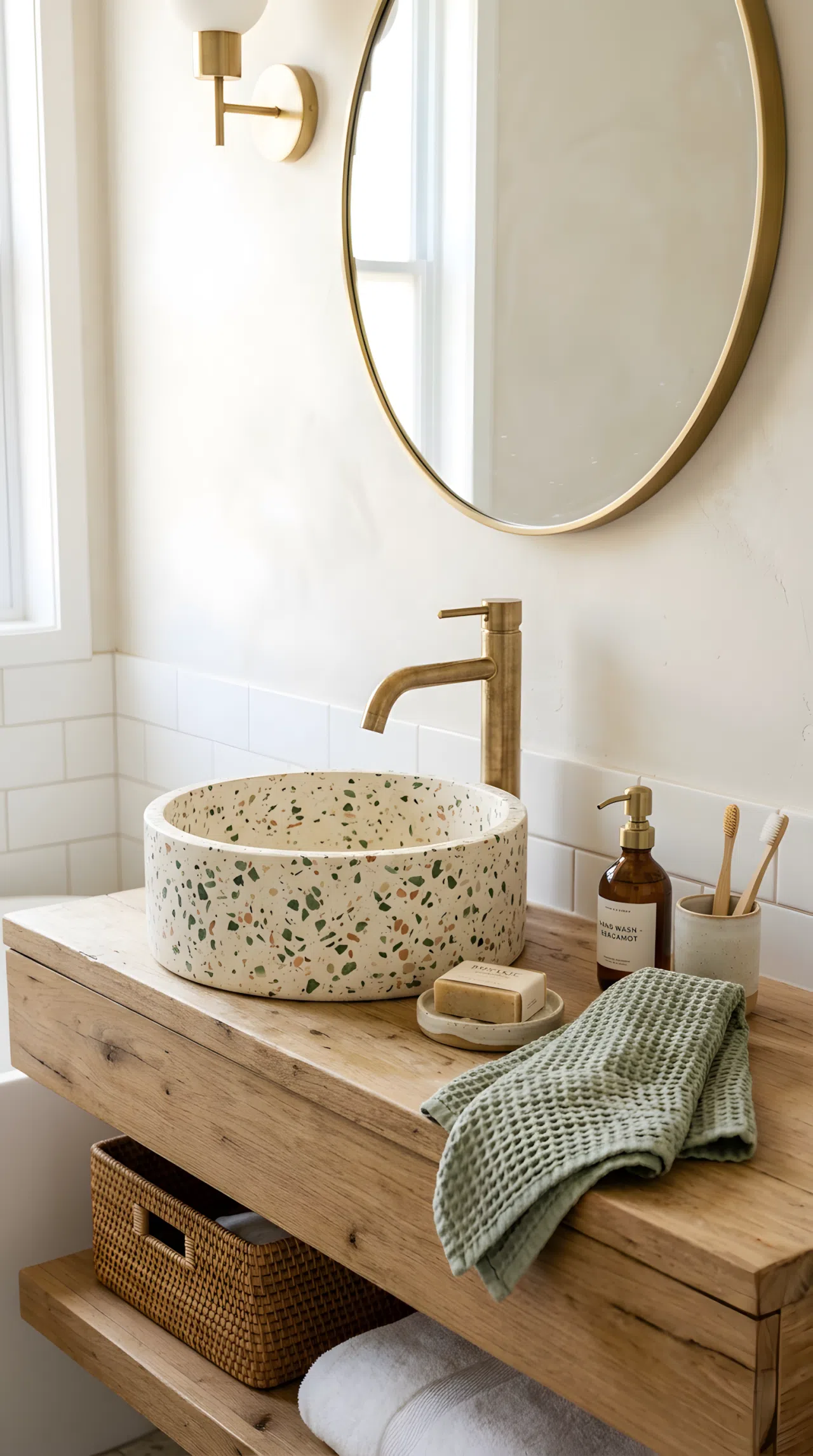 Real-life bathroom vanity photographed at a slight angle, featuring a terrazzo vessel sink with cream base and muted green and terracotta flecks, brushed brass faucet, neatly organized soap dish and folded hand towel beside it, bright natural light, clean and beautifully arranged, vibrant fleck detail, Pinterest-ready stock photography, no illustration.