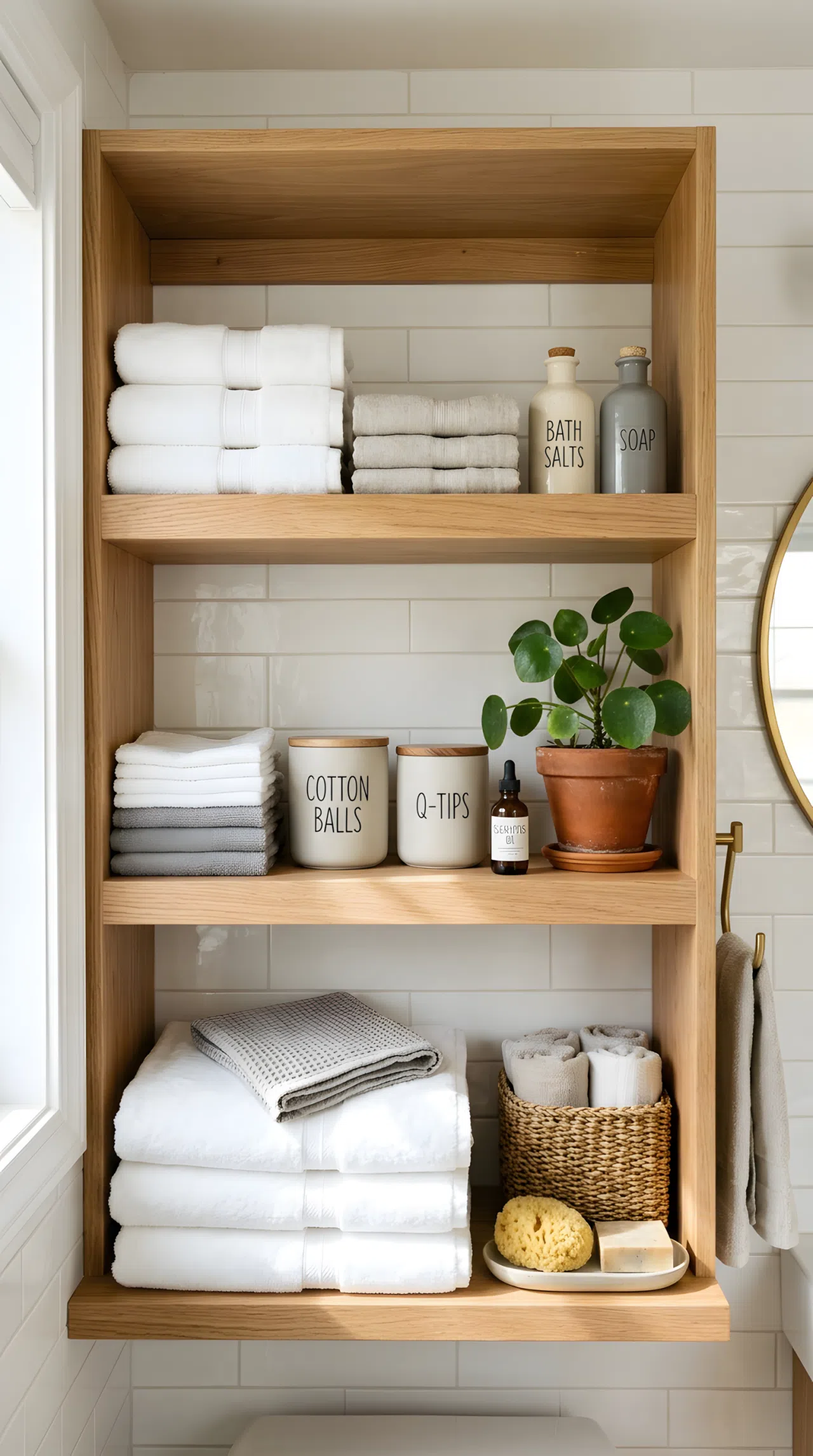Real-life bathroom wall photographed straight-on, featuring open white oak shelving with neatly folded towels, organized ceramic jars, and a small potted plant, bright natural light casting soft shadows across the wood grain, clean and beautifully arranged, warm vibrant tones, Pinterest-ready stock photography, no illustration.