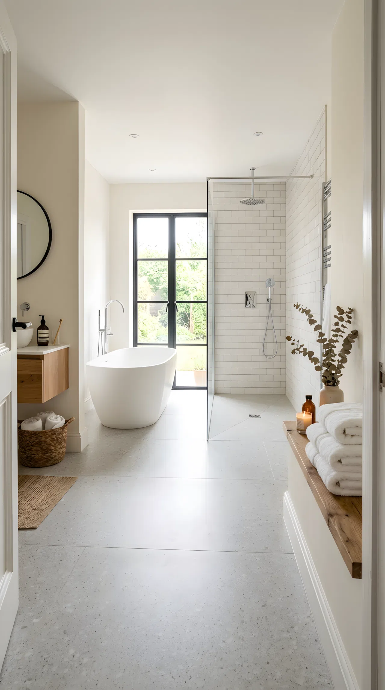 Real-life bathroom photographed wide-angle from the doorway, featuring an open wet room with a freestanding tub and walk-in rain shower sharing one continuous tiled floor, neatly arranged folded towels on a nearby ledge, organized and clean styling, bright natural light flooding the space, beautifully arranged, Pinterest-ready stock photography, no illustration.