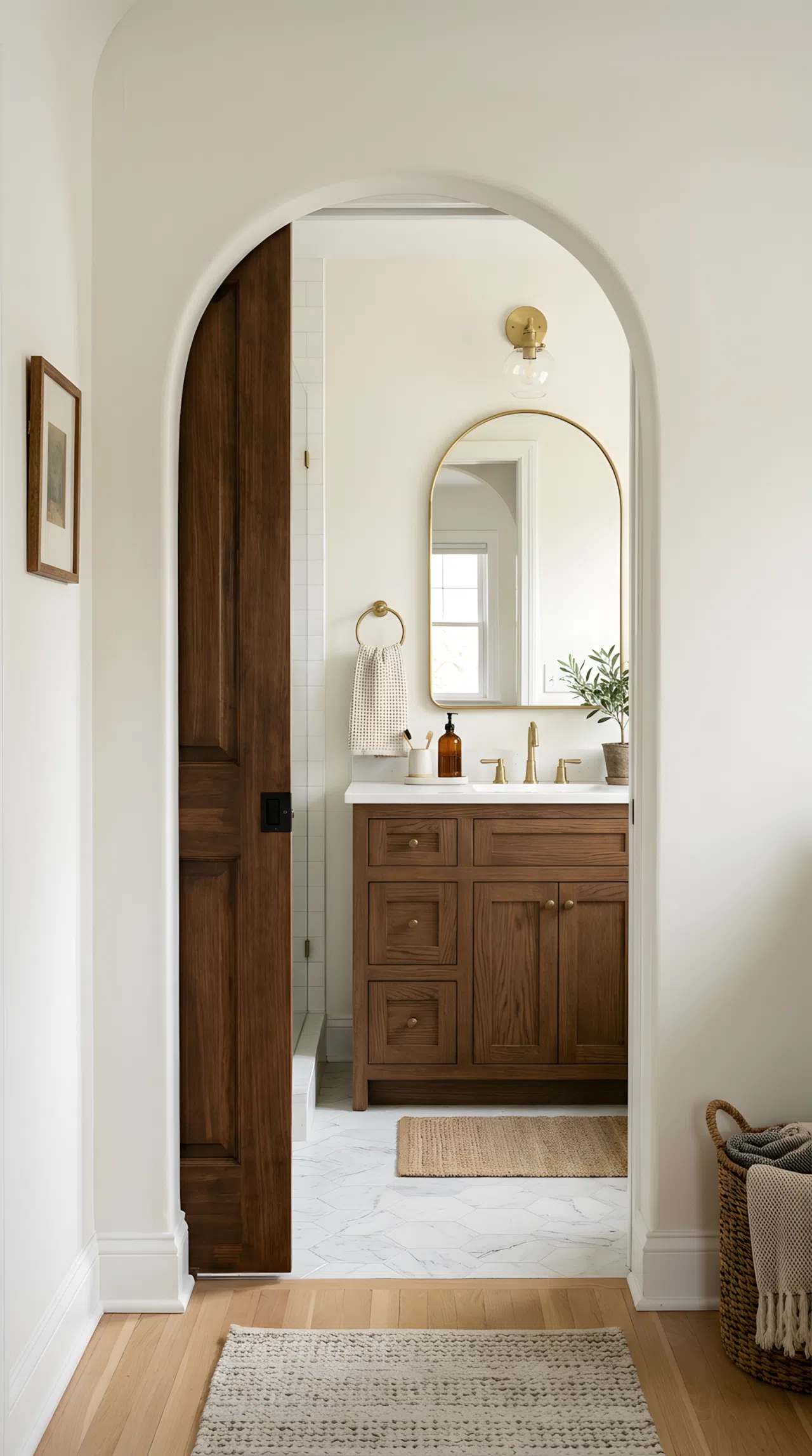 Real-life bathroom entryway photographed from the hallway looking in, featuring a curved archway with a pocket door partially open, revealing a warm wood vanity and arched mirror beyond, neatly organized styling, bright natural light spilling through the doorway, clean and beautifully arranged, Pinterest-ready stock photography, no illustration.