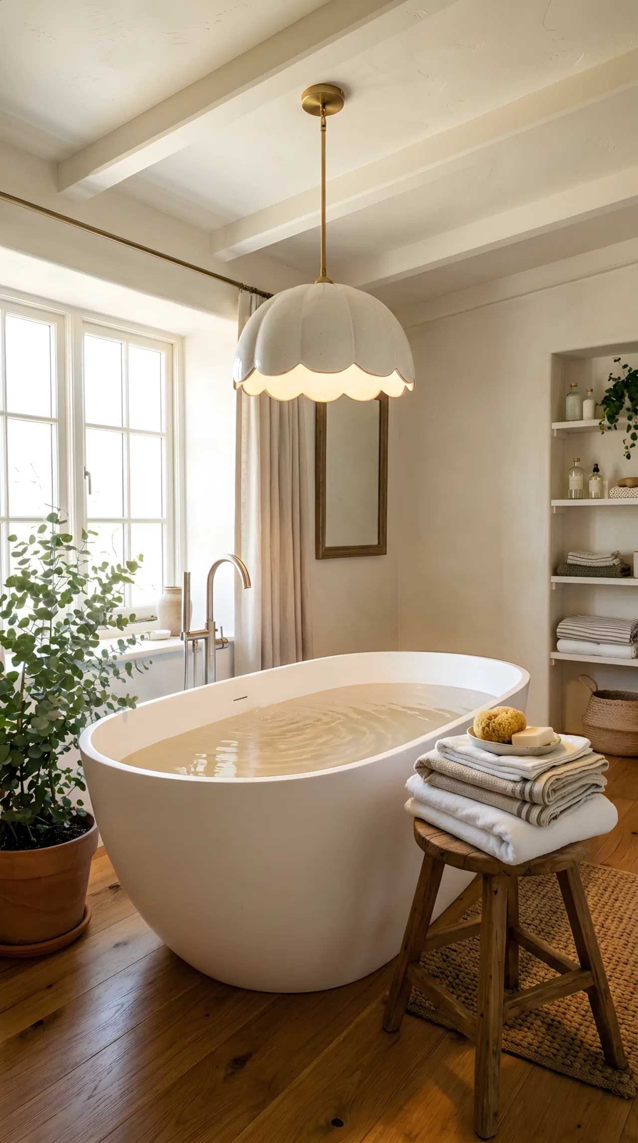 Real-life bathroom photographed from below at a slight angle, featuring a scalloped ceramic pendant light hanging above a freestanding tub, light directed downward casting soft rippled shadows on the water's surface, neatly arranged towels folded on a nearby stool, organized and clean styling, warm bright ambient light, beautifully arranged, Pinterest-ready stock photography, no illustration.