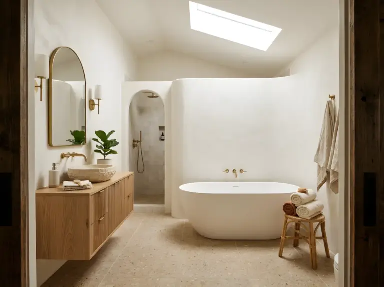 Real-life bathroom photographed wide-angle from the doorway, showcasing an organic modern bathroom that blends curved architecture with sleek design, featuring a freestanding matte white tub positioned beneath a skylight, warm white oak vanity with brushed brass fixtures, an arched mirror, and a plaster-finished accent wall in soft warm white, neatly made rolled towels stacked on a woven rattan stool, natural stone vessel sink, organized and clean styling throughout, bright natural light streaming in and casting soft shadows across the textured walls, beautifully arranged, vibrant warm earthy tones, Pinterest-ready aesthetic, stock photography style, no illustration, no 3D render.