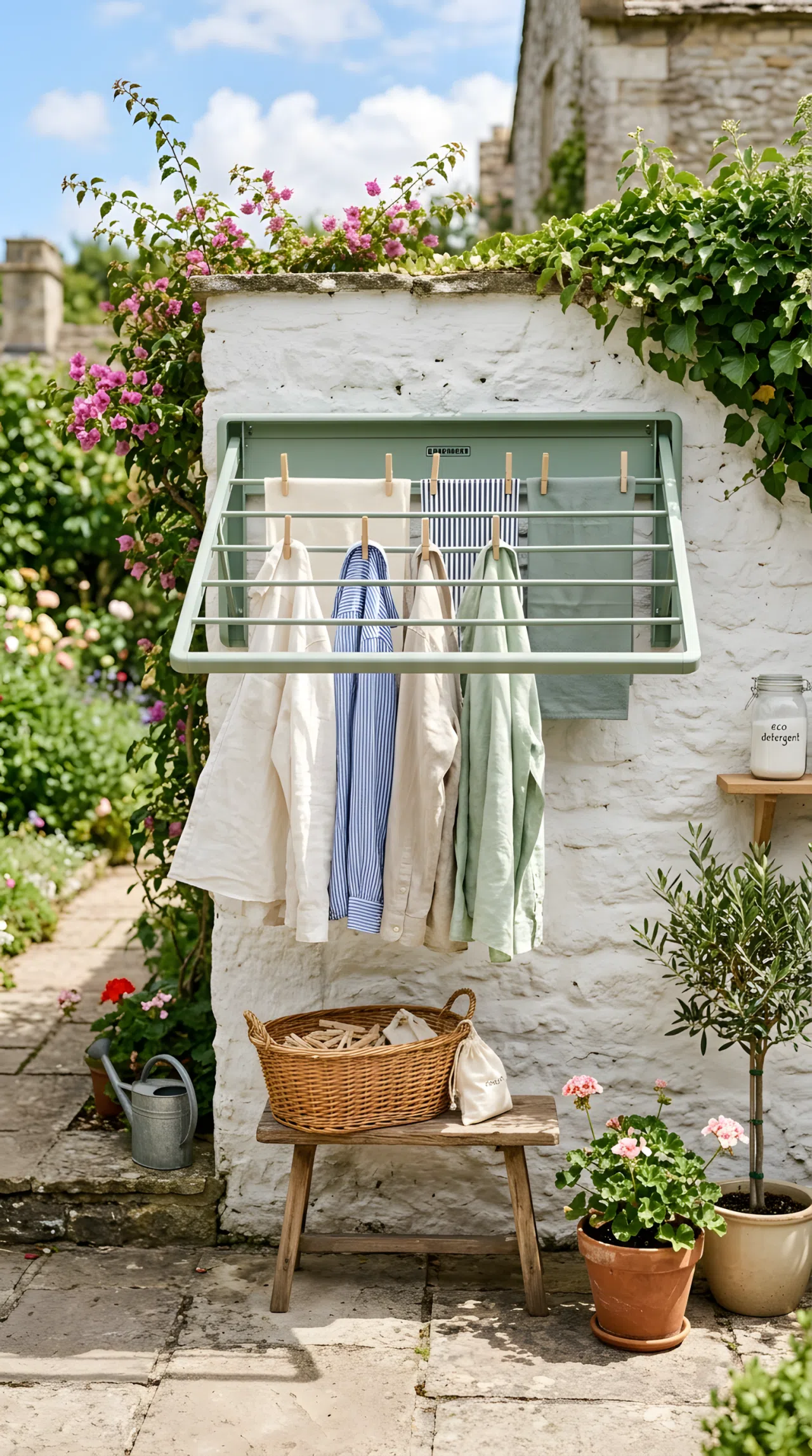 Real-life photo of a small outdoor laundry area with a sage green fold-out drying rack mounted on a whitewashed wall, neatly hung linen shirts and towels, clothespins in a woven basket below, bright natural light, clean and organized, vibrant colors.