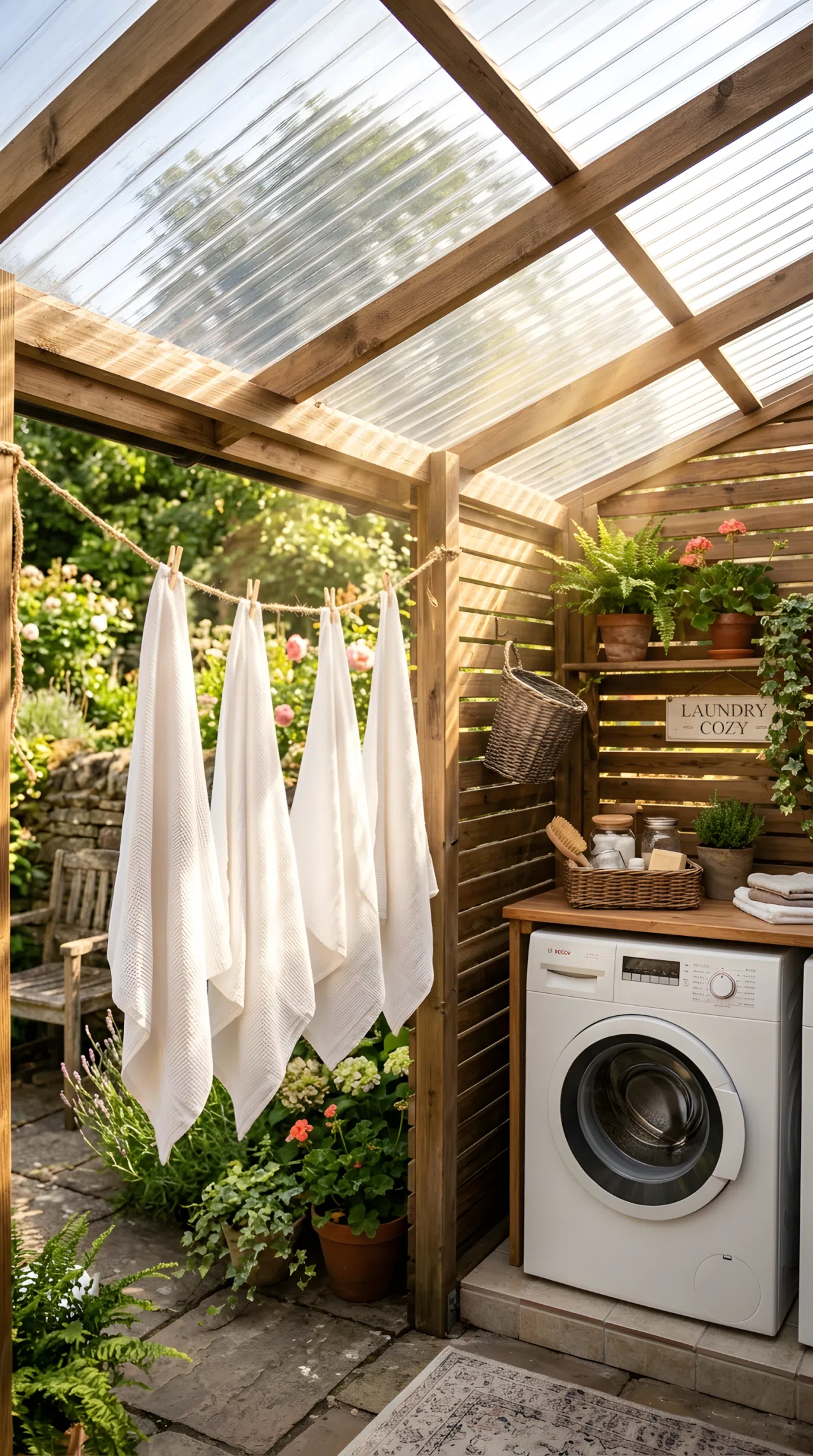 Real-life photo of a cozy covered outdoor laundry nook with a corrugated clear roof, slatted wood side walls, a washing machine tucked neatly inside, hanging white towels drying, warm bright natural light streaming through the roof panels, clean and organized, beautifully arranged. Pay special attention to the direction of the light entering through the roof panels, casting soft diagonal beams across the drying towels.