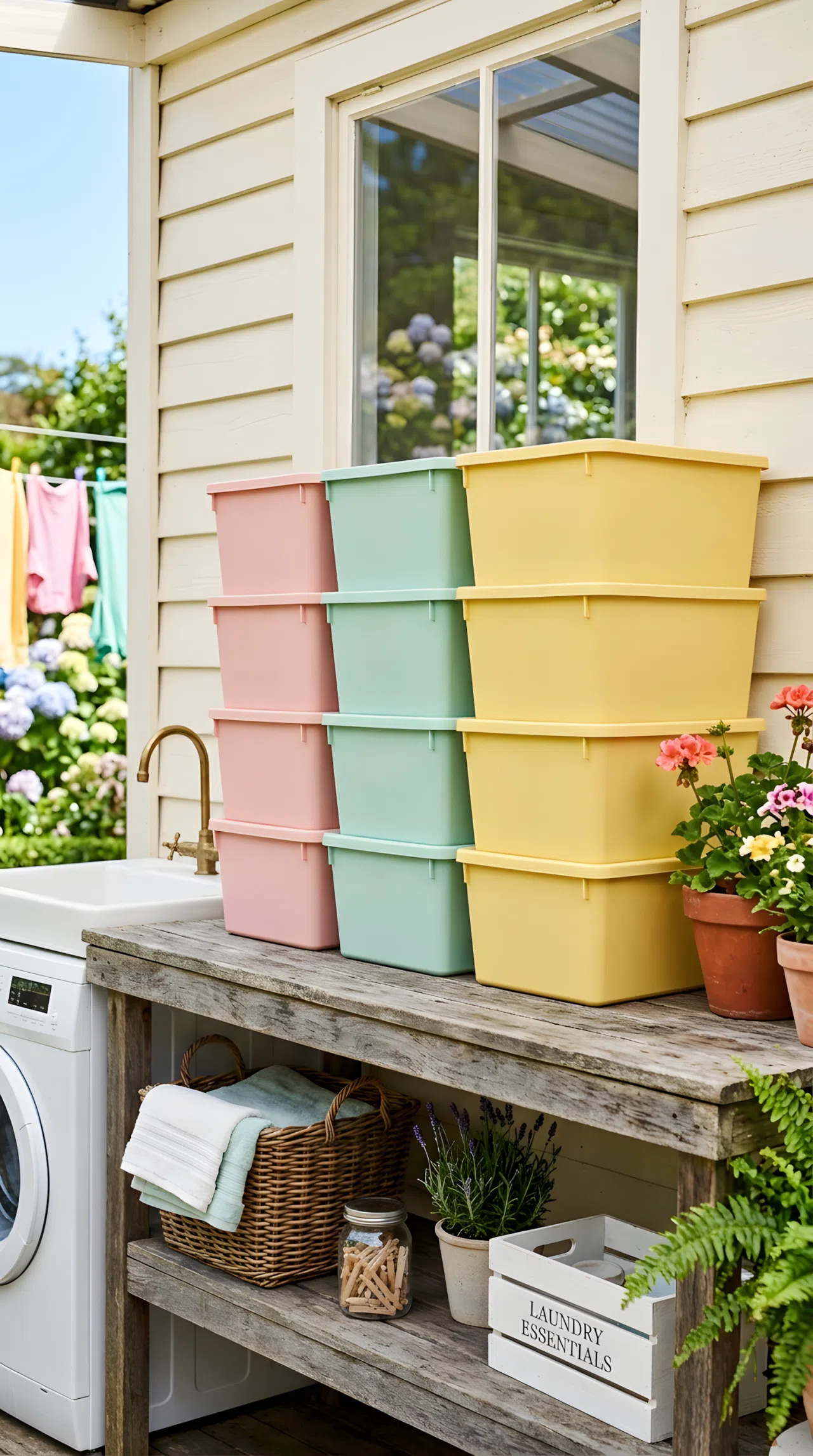 Real-life photo of neatly stacked pastel storage bins in blush pink (#F7C9CB), mint green (#B8E0D2), and butter yellow (#F4E285) on a wooden shelf inside a bright outdoor laundry area, beautifully arranged, clean, organized, bright natural light, vibrant colors.