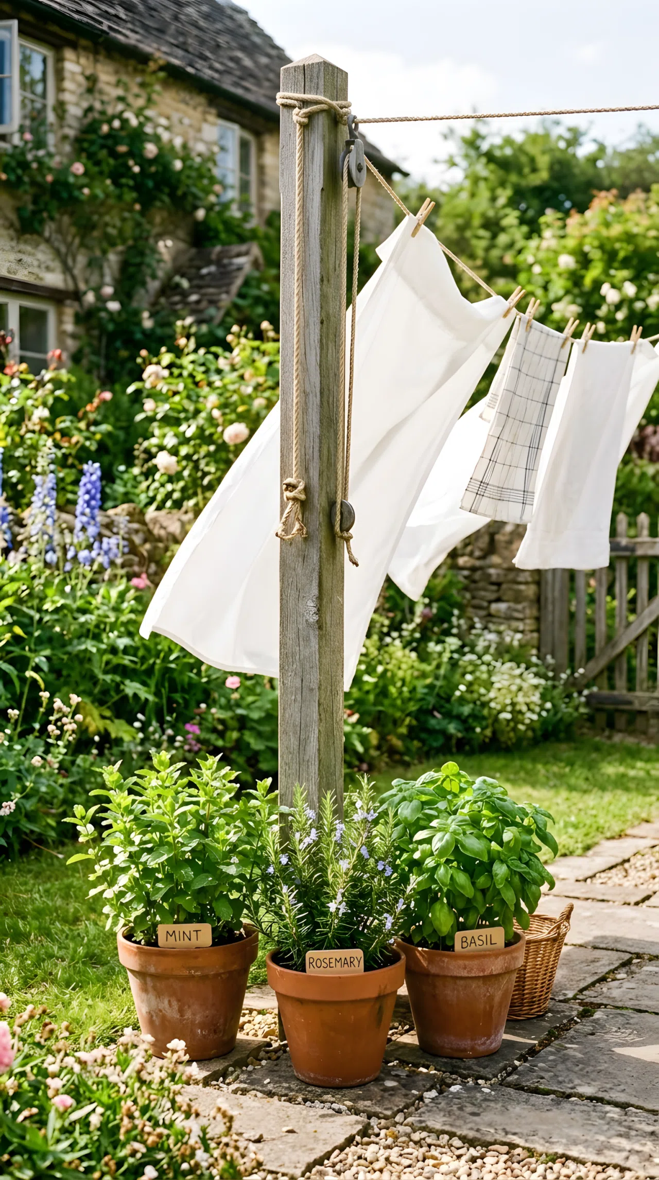Real-life photo of terracotta pots with mint, rosemary, and basil lining a clothesline post in an outdoor laundry area, white sheets hanging and gently swaying, beautifully arranged, clean, organized, bright natural light, vibrant green tones.