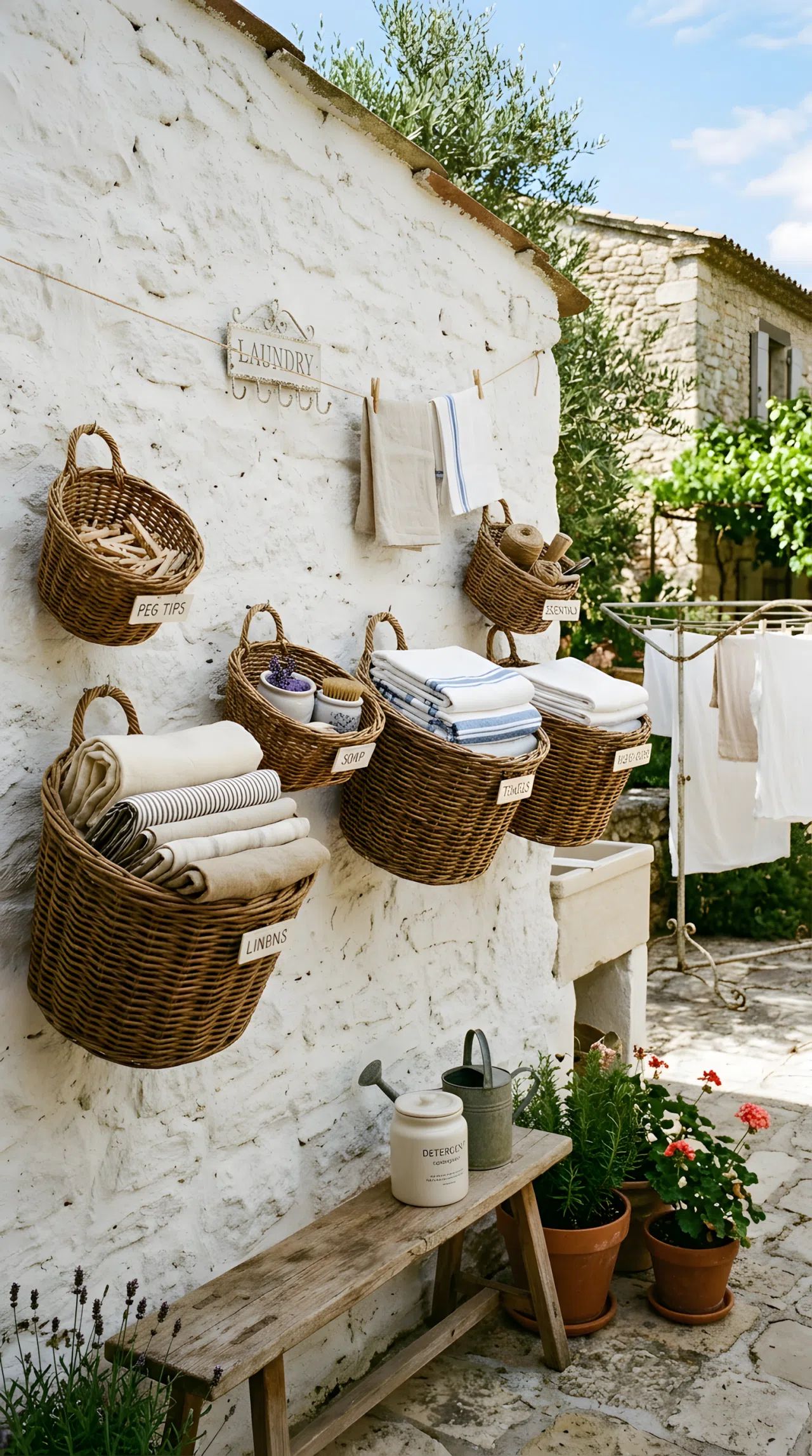 Real-life photo of varying-size woven rattan baskets mounted on a whitewashed wall in an outdoor laundry area, holding clothespins and folded linens neatly, beautifully arranged, clean, organized, bright natural light, warm vibrant tones.
