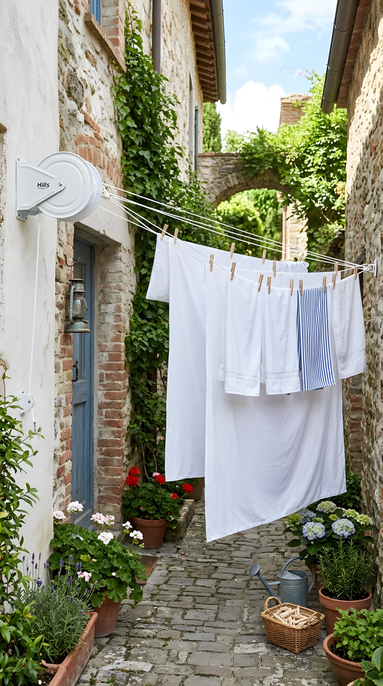 Real-life photo of a retractable pulley clothesline extended across a narrow outdoor laundry area, white bedsheets and towels hanging neatly, wall-mounted reel visible, beautifully arranged, clean, organized, bright natural light, vibrant fresh colors.