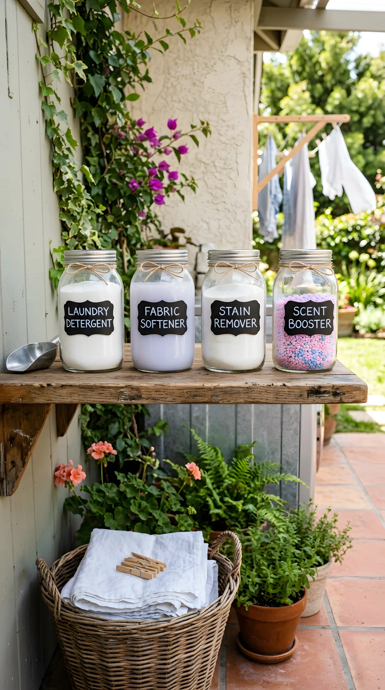 Real-life photo of glass jars with chalkboard labels holding detergent and fabric softener, neatly arranged on a wooden shelf in an outdoor laundry area, beautifully arranged, clean, organized, bright natural light, vibrant colors.