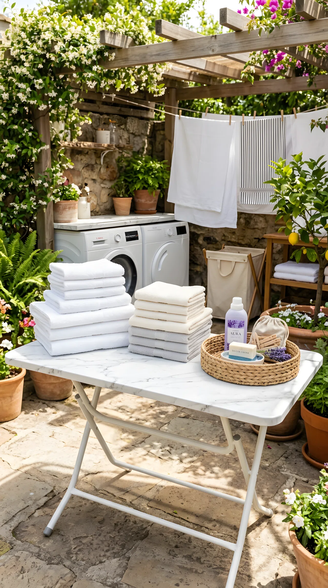 Real-life photo of a white folding table with a marble-look countertop set up in an outdoor laundry area, neatly folded towels stacked on top, beautifully arranged, clean, organized, bright natural light, vibrant fresh tones.