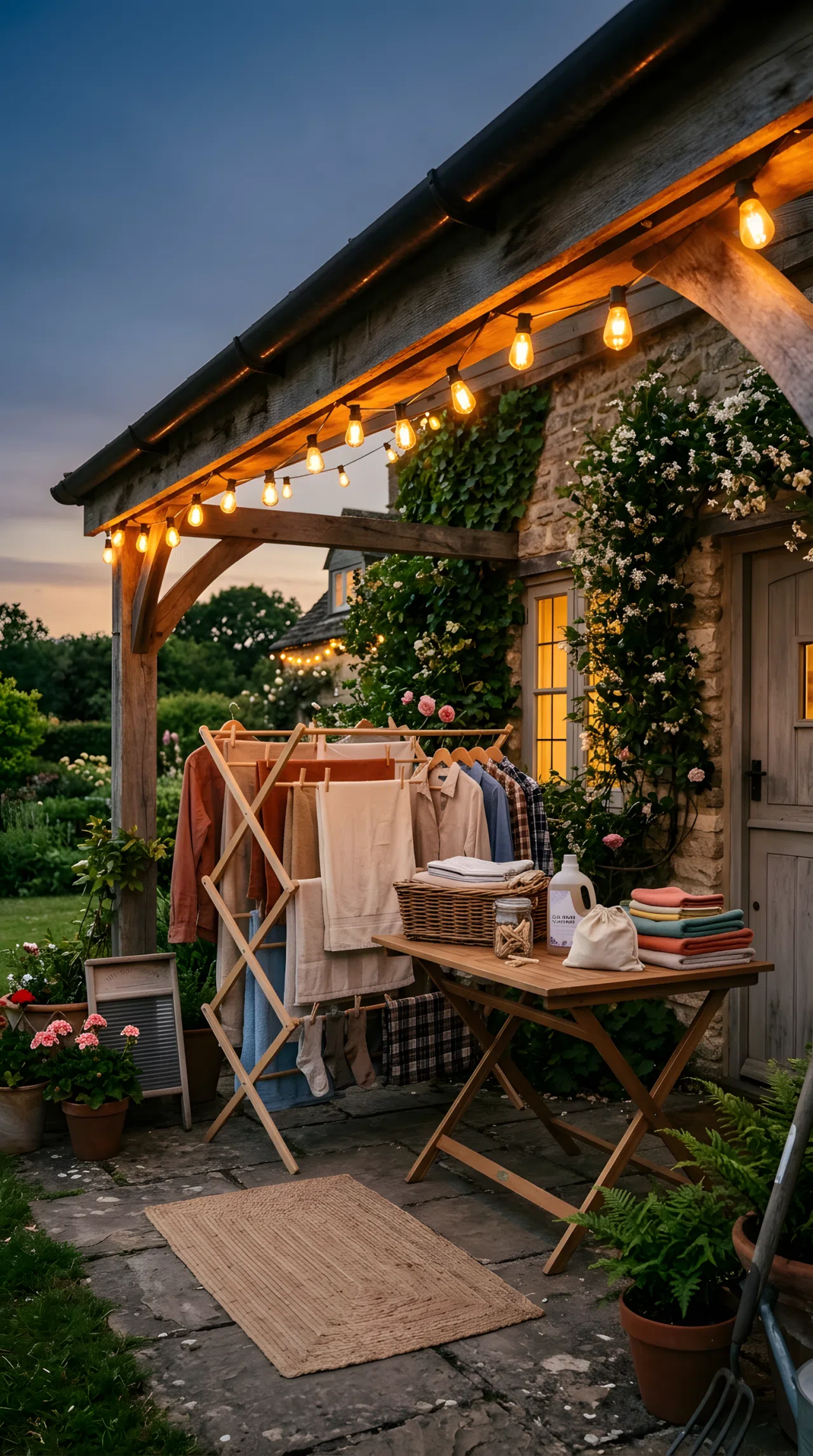 Real-life photo of warm string lights hung along the roofline of an outdoor laundry area at dusk, the light positioned directly above a folding table and hanging clothes to illuminate them clearly, casting a soft warm glow downward, beautifully arranged, clean, organized, vibrant warm tones.