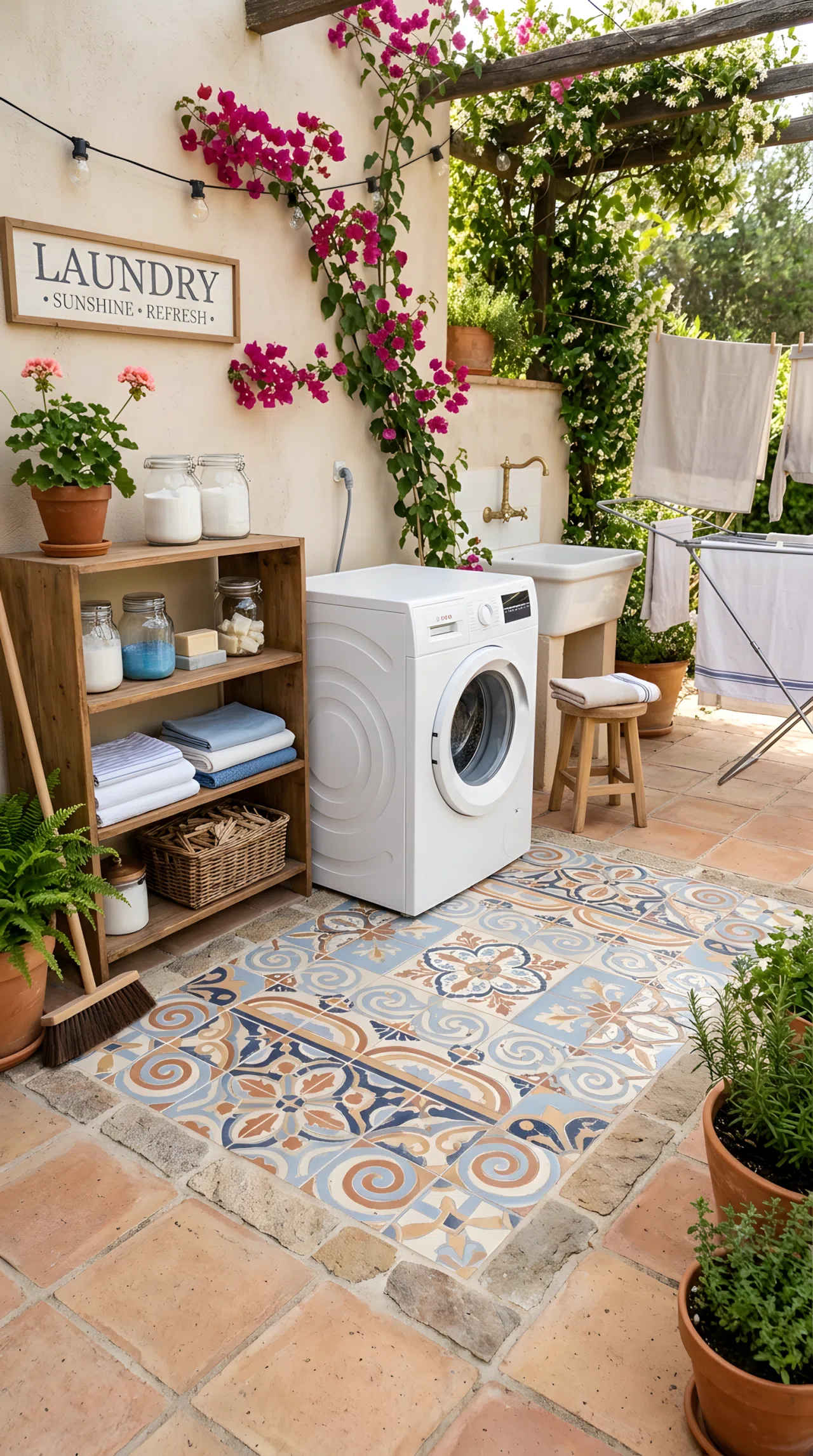 Real-life photo of a mosaic tile floor accent in soft blue (#A9C6D8) and terracotta (#C97B4A) tones beneath a washing machine in an outdoor laundry area, neatly organized surroundings, beautifully arranged, clean, bright natural light, vibrant colors.