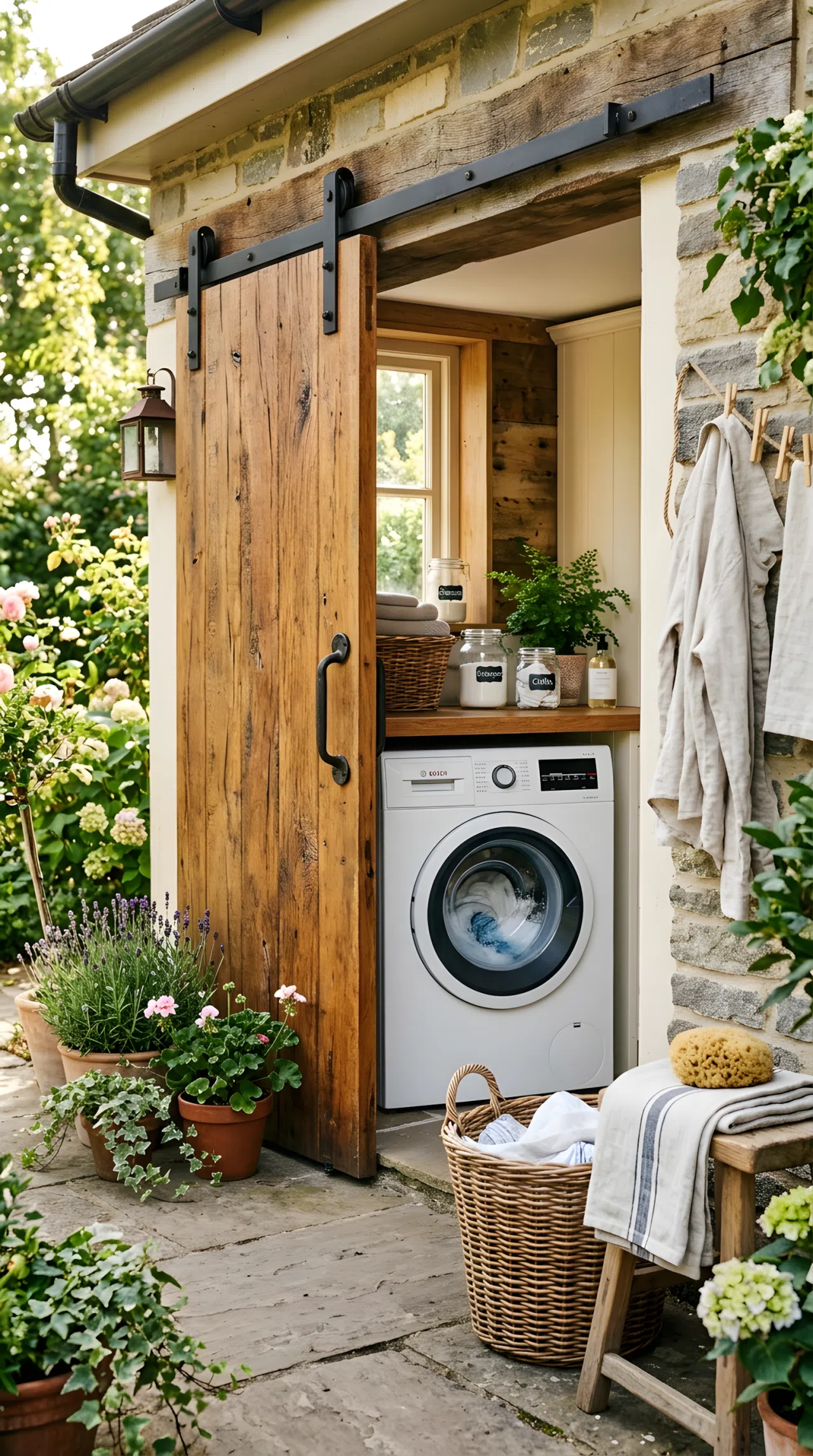 Real-life photo of a reclaimed wood sliding barn door partially open revealing a washing machine in an outdoor laundry area, neatly organized surroundings, beautifully arranged, clean, bright natural light, warm vibrant wood tones.