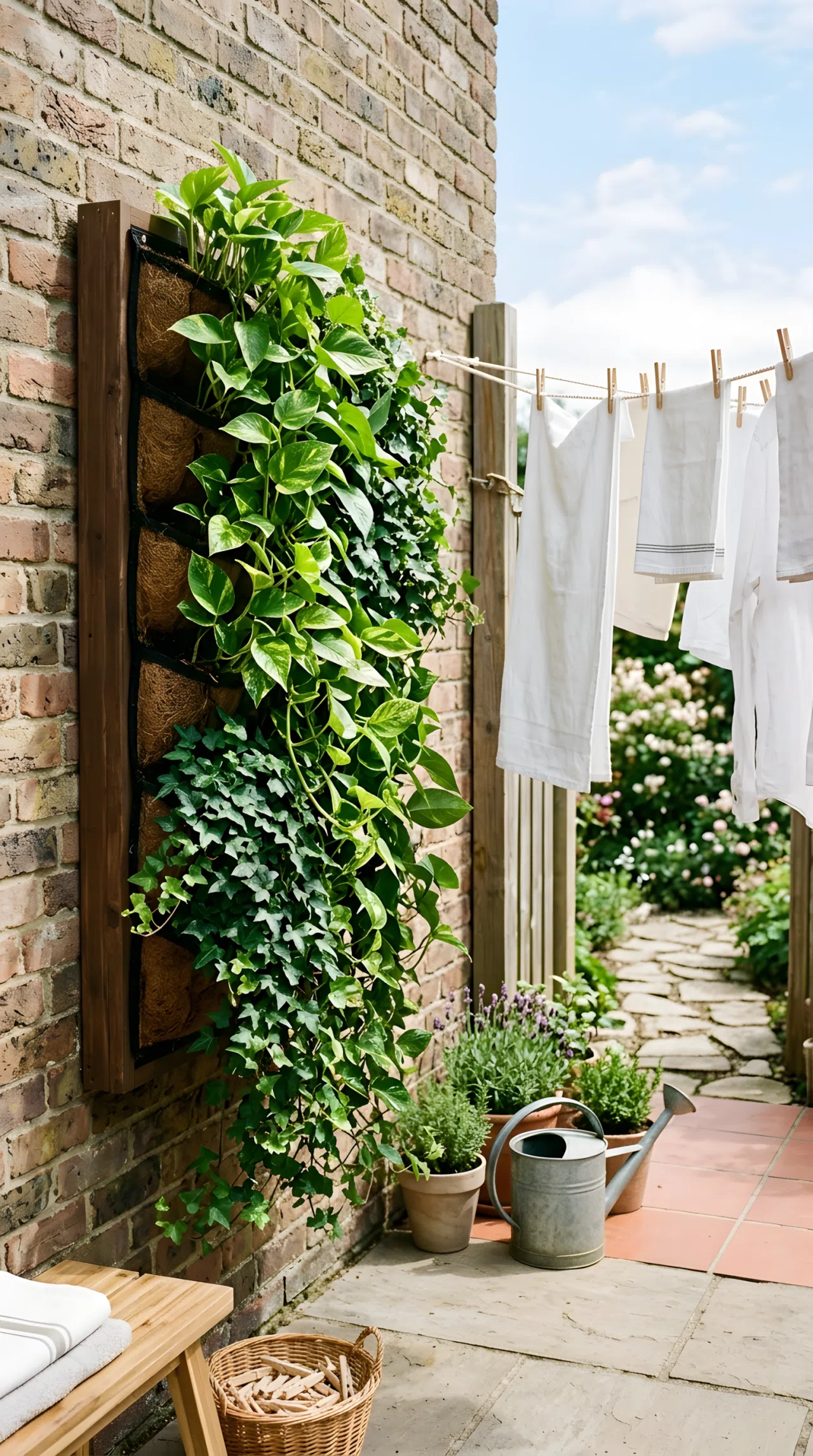 Real-life photo of a vertical living wall planter with trailing pothos and ivy mounted beside a clothesline in an outdoor laundry area, beautifully arranged, clean, organized, bright natural light, vibrant green tones.