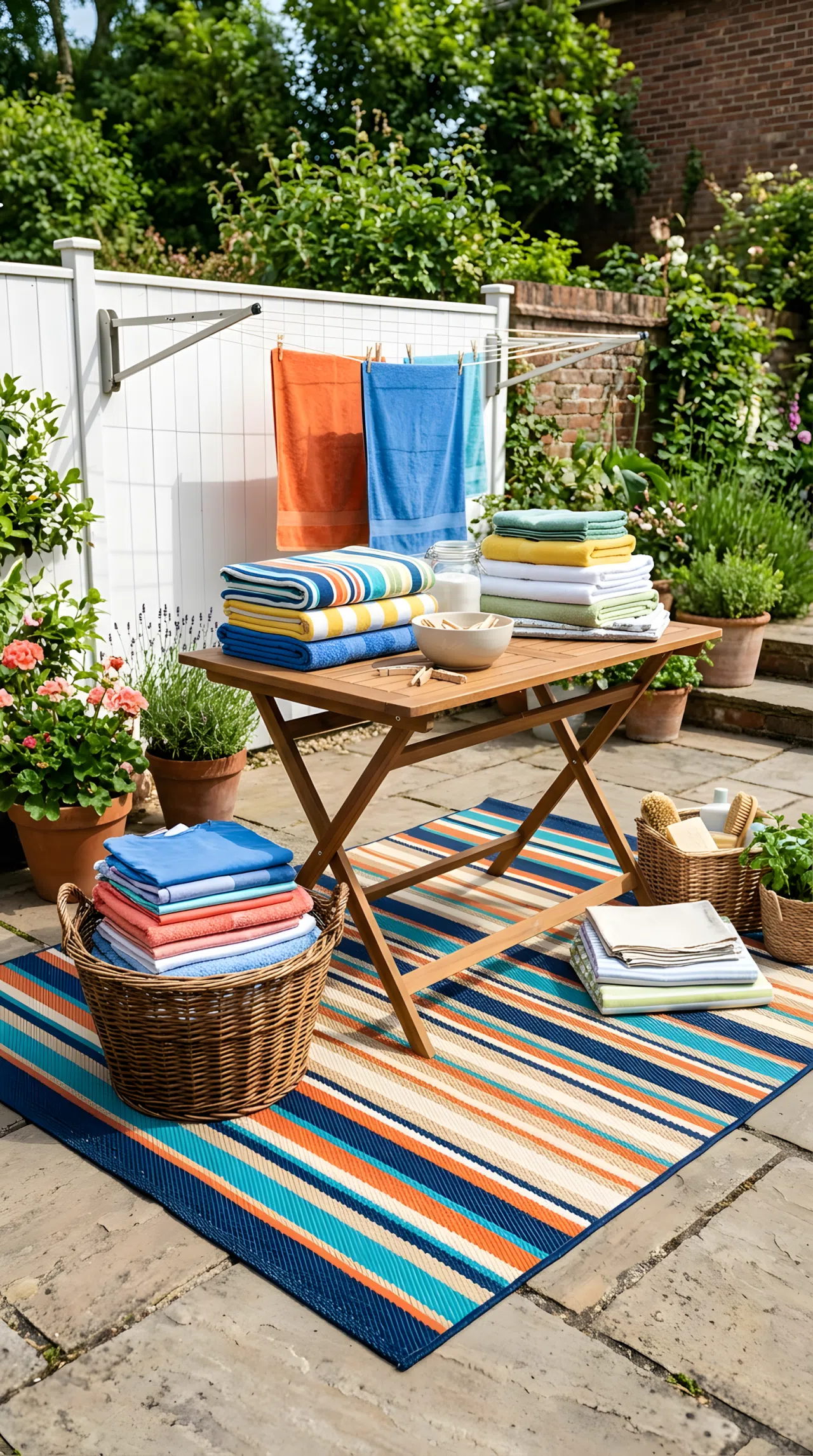 Real-life photo of a striped woven outdoor rug placed beneath a folding table in an outdoor laundry area, neatly folded laundry stacked nearby, beautifully arranged, clean, organized, bright natural light, vibrant colors.