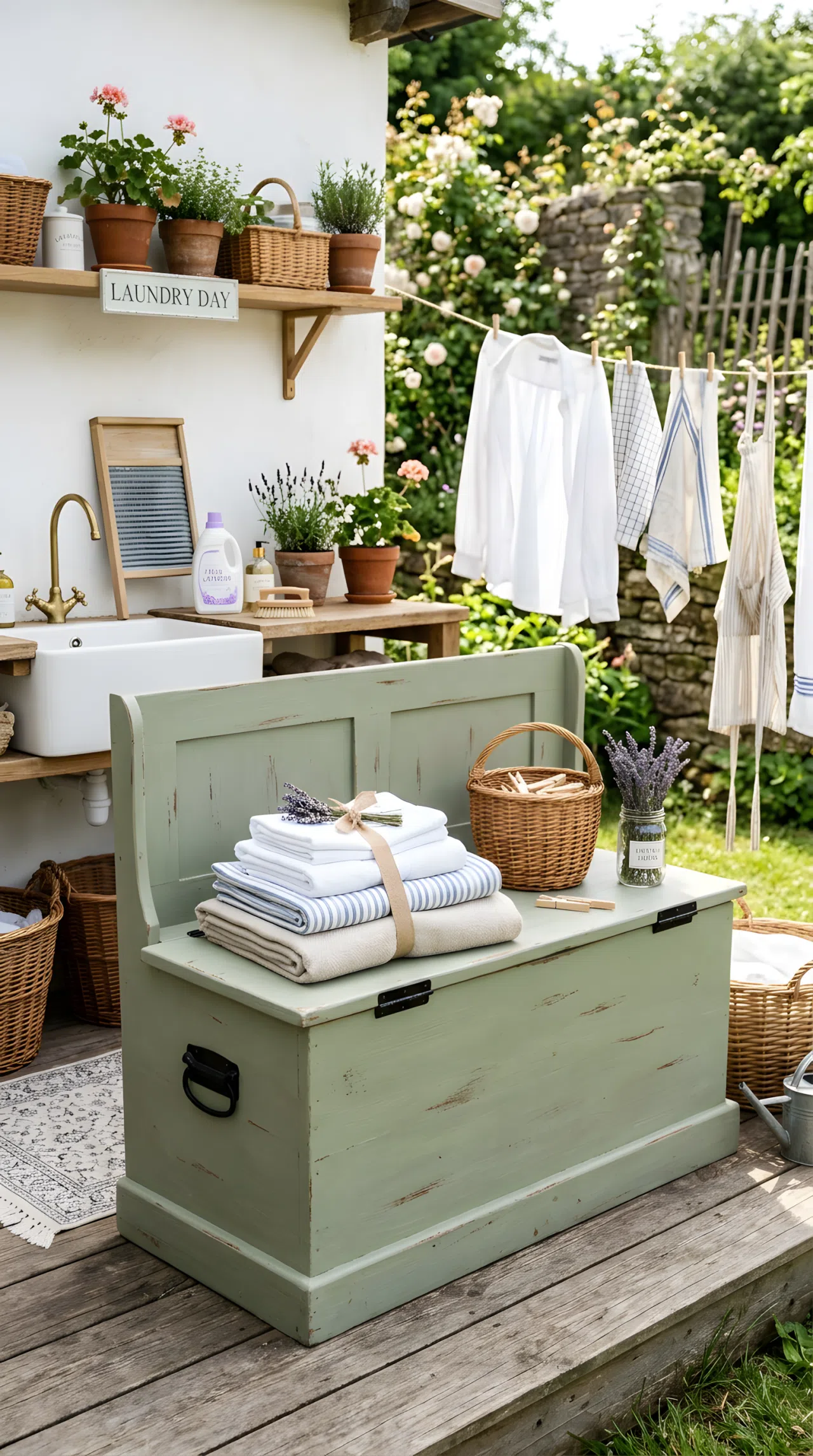 Real-life photo of a chalk-painted wooden storage bench in muted sage green (#9CAF88) in an outdoor laundry area, folded linens stacked on top, beautifully arranged, clean, organized, bright natural light, vibrant fresh colors.