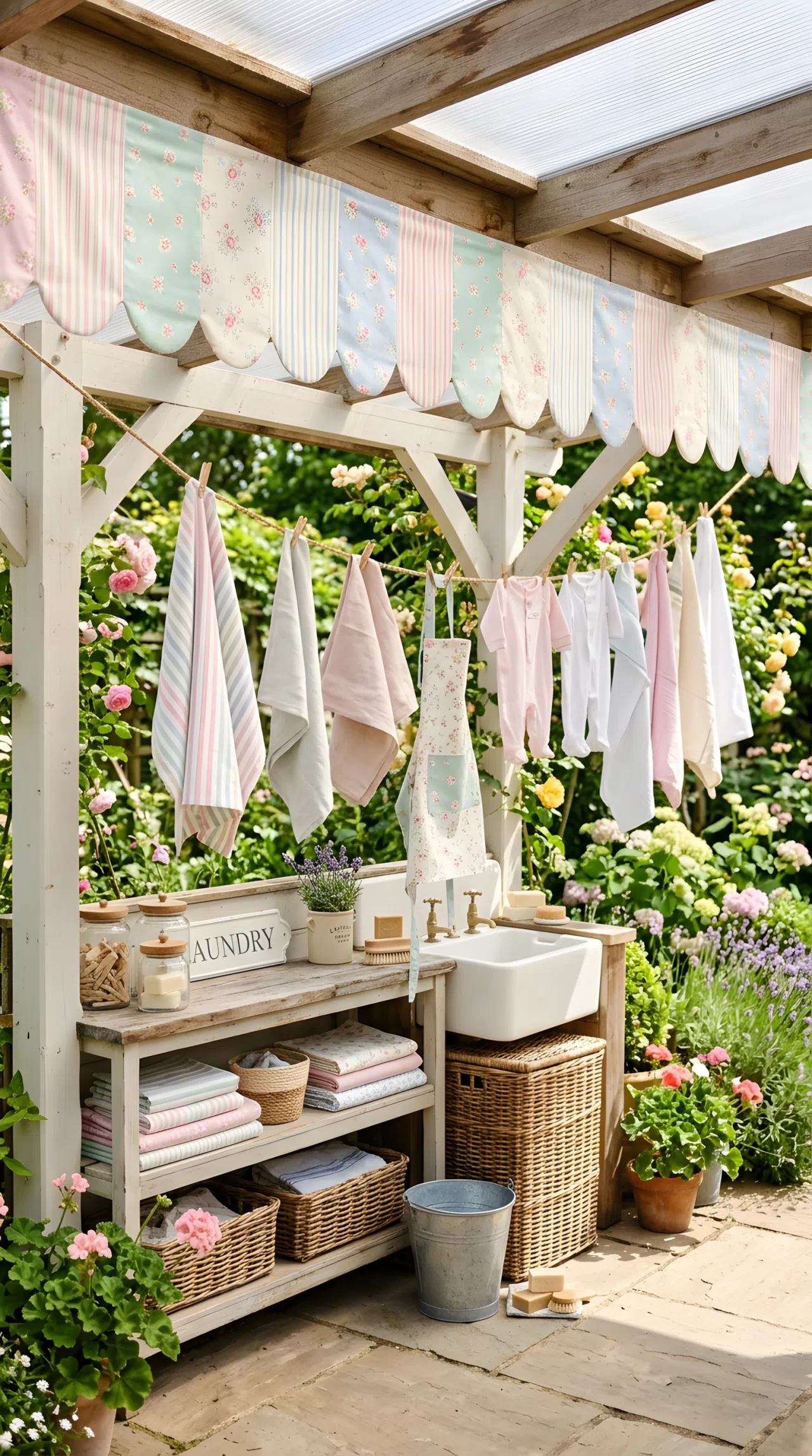 Real-life photo of a scalloped pastel fabric valance lining the roofline of an outdoor laundry area, hanging linens beneath it, beautifully arranged, clean, organized, bright natural light, vibrant soft colors.