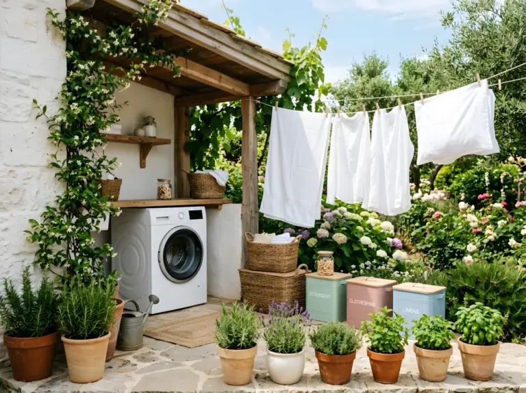 Real-life photo of a beautifully organized outdoor laundry area, a washing machine tucked neatly under a covered nook, white linens and towels hanging on a clothesline swaying gently, woven baskets and pastel storage bins arranged nearby, potted herbs lining the edge, bright natural light, clean, organized, vibrant fresh colors, Pinterest-worthy composition.