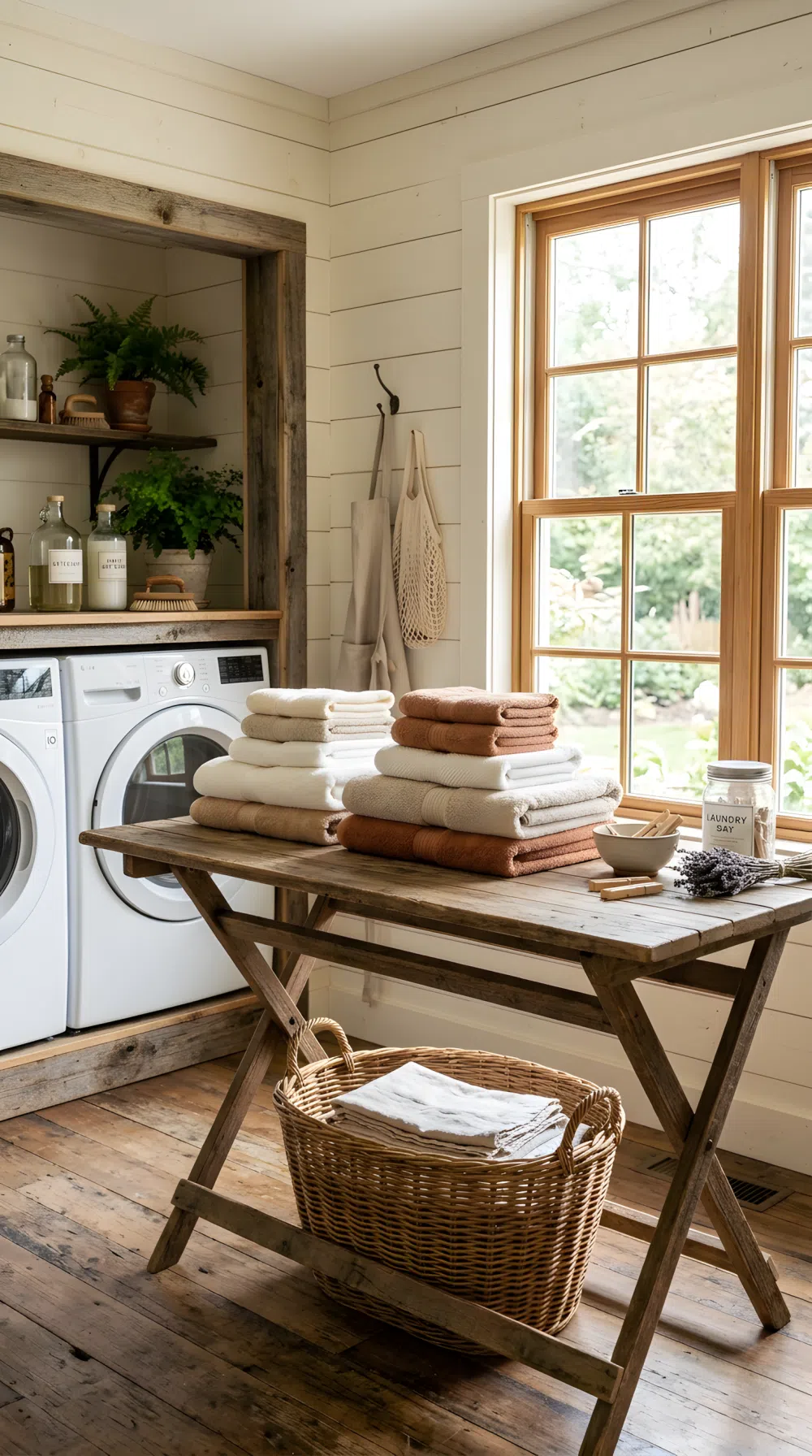 Real-life photo of a rustic laundry room featuring a reclaimed wood folding table, neatly made with folded towels stacked beautifully arranged on top, woven basket underneath, bright natural light streaming through a nearby window, clean and organized farmhouse styling, vibrant warm tones, shot on a DSLR camera, no people.