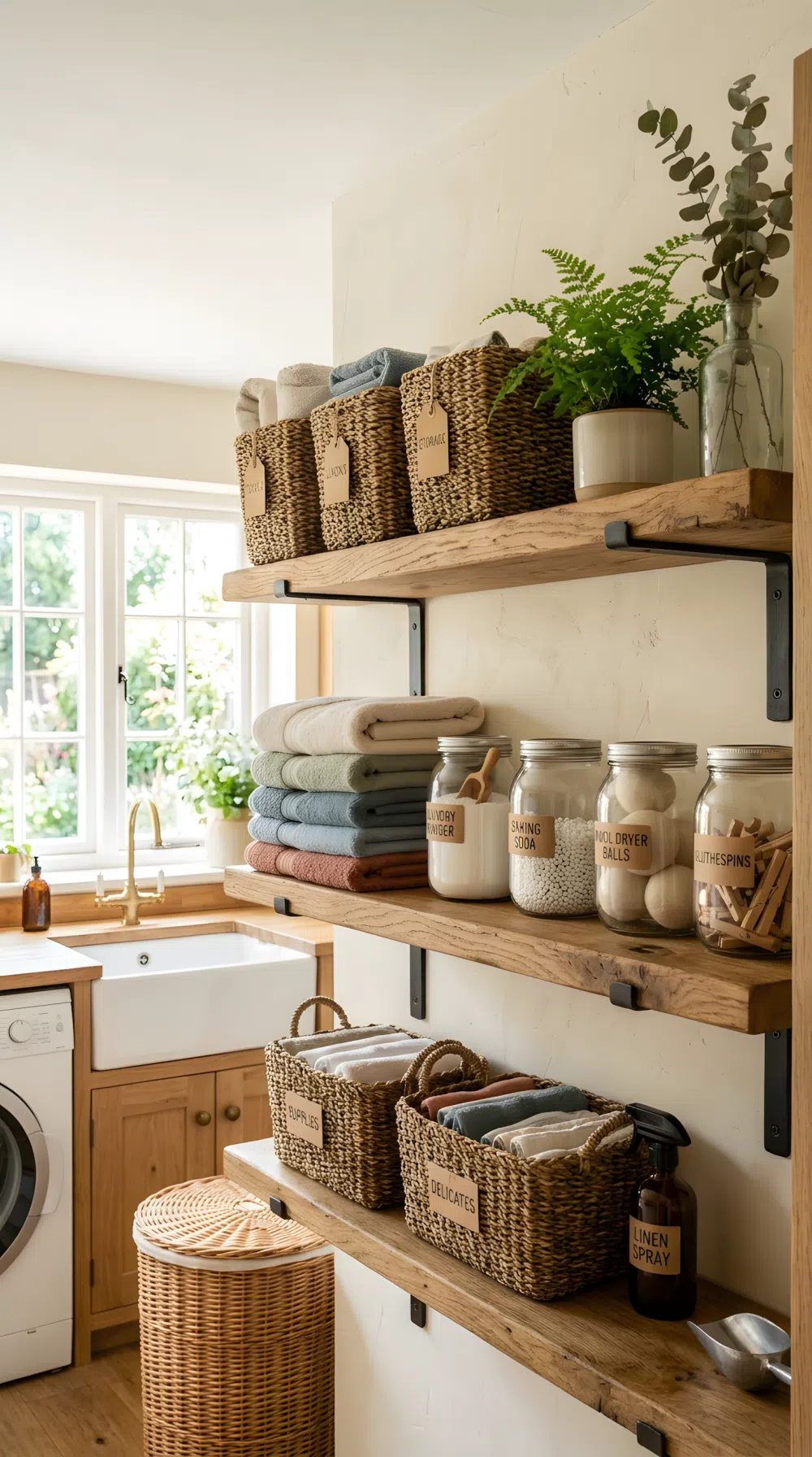 Real-life photo of open wood shelving in a rustic laundry room, neatly organized with woven baskets, folded towels, and glass jars beautifully arranged, clean and tidy styling, bright natural light from a side window highlighting the wood texture, vibrant cozy color palette, realistic stock photography, no people.