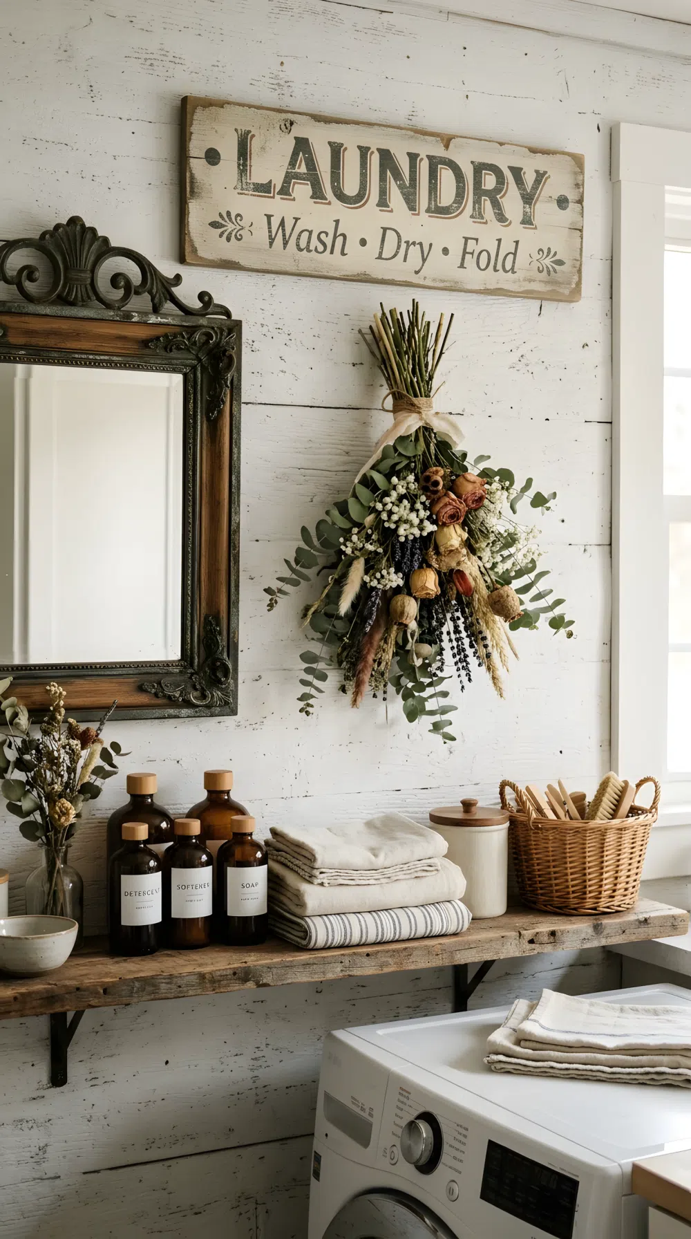 Real-life photo of a rustic laundry room wall featuring a vintage wooden sign, neatly arranged dried floral bouquet, and an antique mirror, beautifully organized shelf styling, clean whitewashed wood background, bright natural light casting soft shadows, vibrant earthy tones, realistic photography, no people.